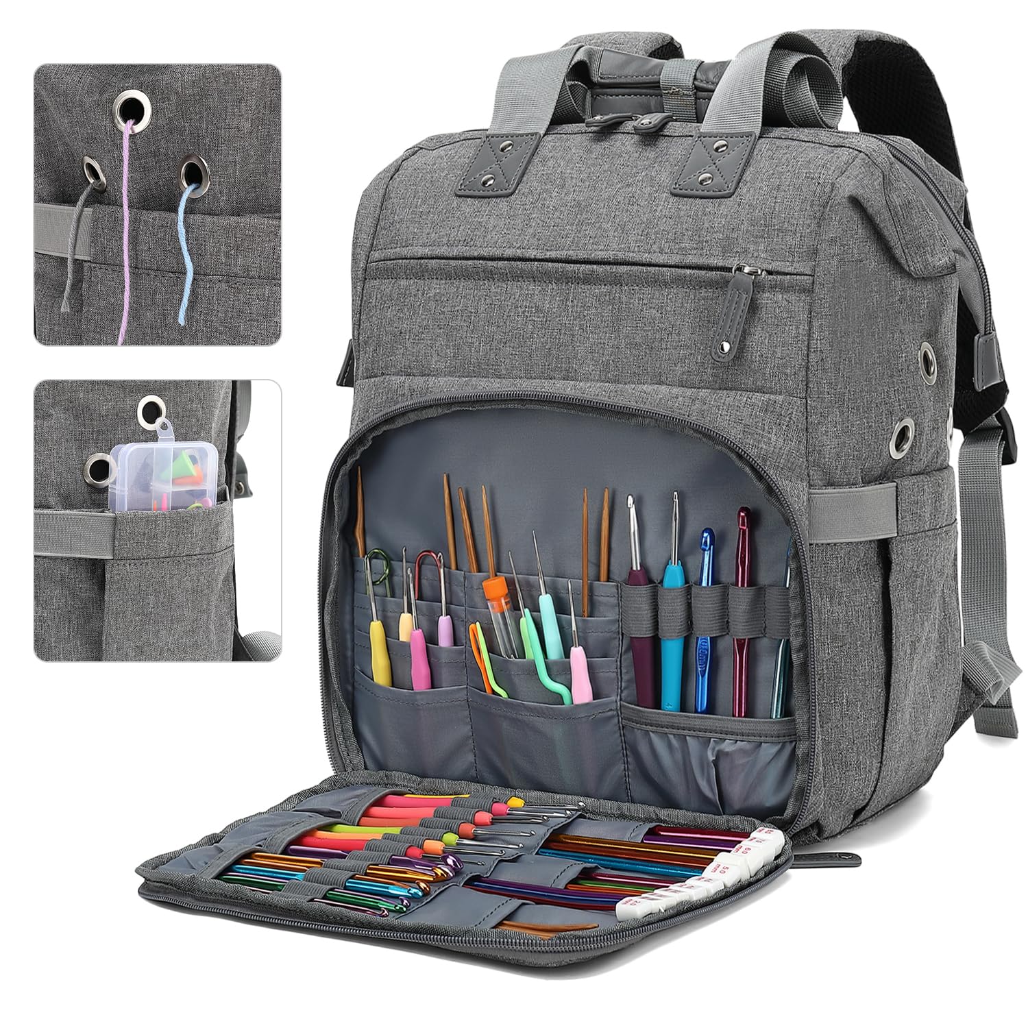 LTINVECK Sac à dos au crochet, sac à tricot, sac à dos de rangement pour fil de fer, sac de voyage avec port de charge USB, grand sac fourre-tout