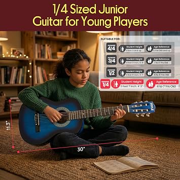 Pyle 30-Inch Beginner Acoustic Guitar Kit, 6-String Classical Style Travel Guitar for Kids & Adults - Includes Shoulder Strap, Strings, Picks, Tuning Pitch Pipe & Storage Gig Bag, Handcrafted Wood