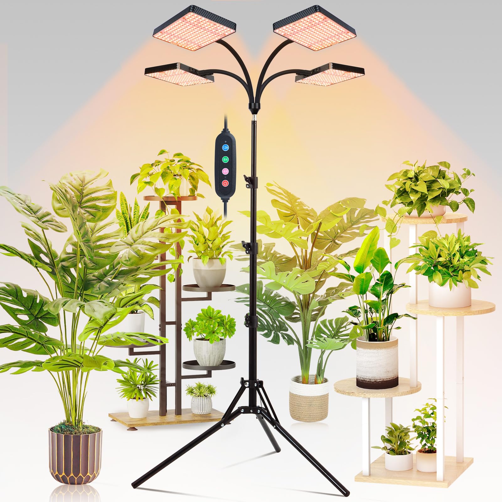 FECiDA 100 Watt 4-Kopf Pflanzenlampe mit Ständer, Vollspektrum Pflanzenlicht für Zimmerpflanzen, Pflanzenleuchte LED 8000 Lumen, Wachstumslampe für Pflanzen, 4/8/12/16/20 Hr Timer