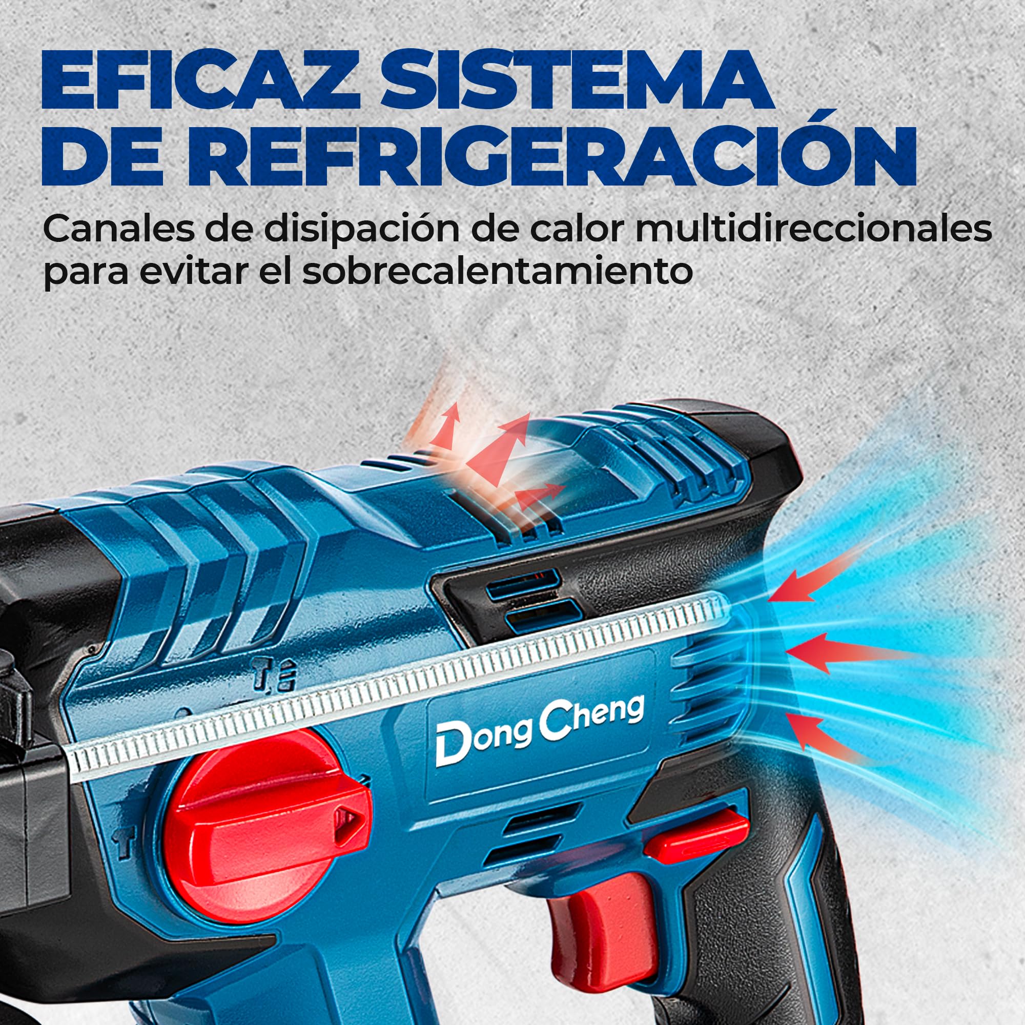 DongCheng Martillo perforador sin cable 18V, energía de impacto 2,1 J, 4 piezas SDS-plus, perforación hasta 28 mm, motor de percusión sin escobillas empuñadura antivibración baterías 4Ah y cargador 2A