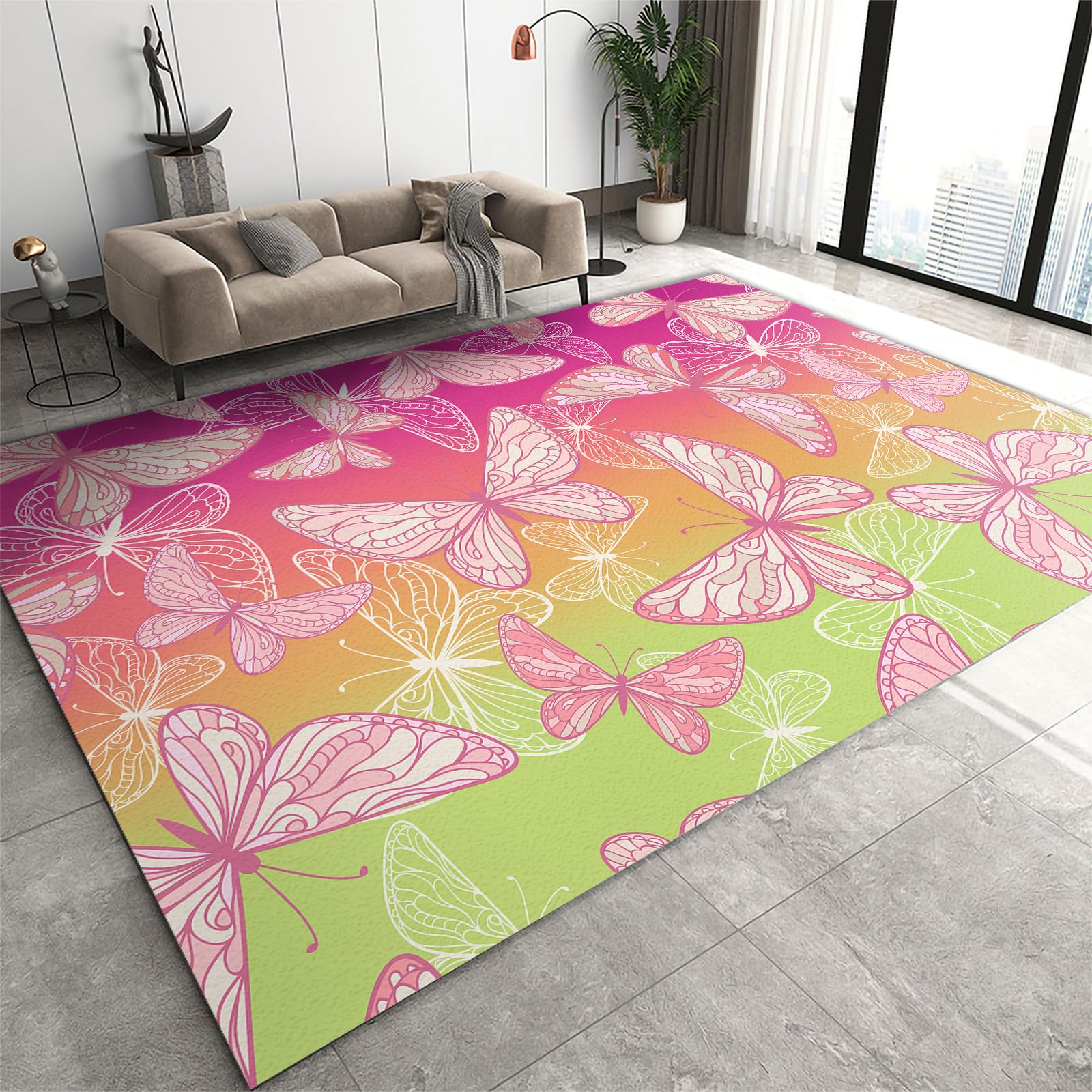 FIEMAR Area Rug 120x170cm Bohemian Lines Living Room Rug, Fashion Gradients Butterfly Print Dorm Rug, Home Decor Area Rug Pet Friendly Easy Care Machine Washable Non Slip for Classroom Bedroom Office