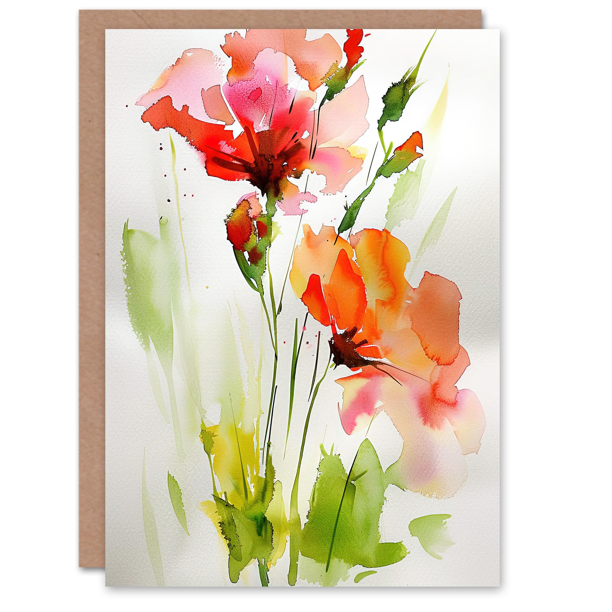 Artery8 Greeting Card Abstract Flowers Red Green Watercolour Painting For Her Woman Birthday Card