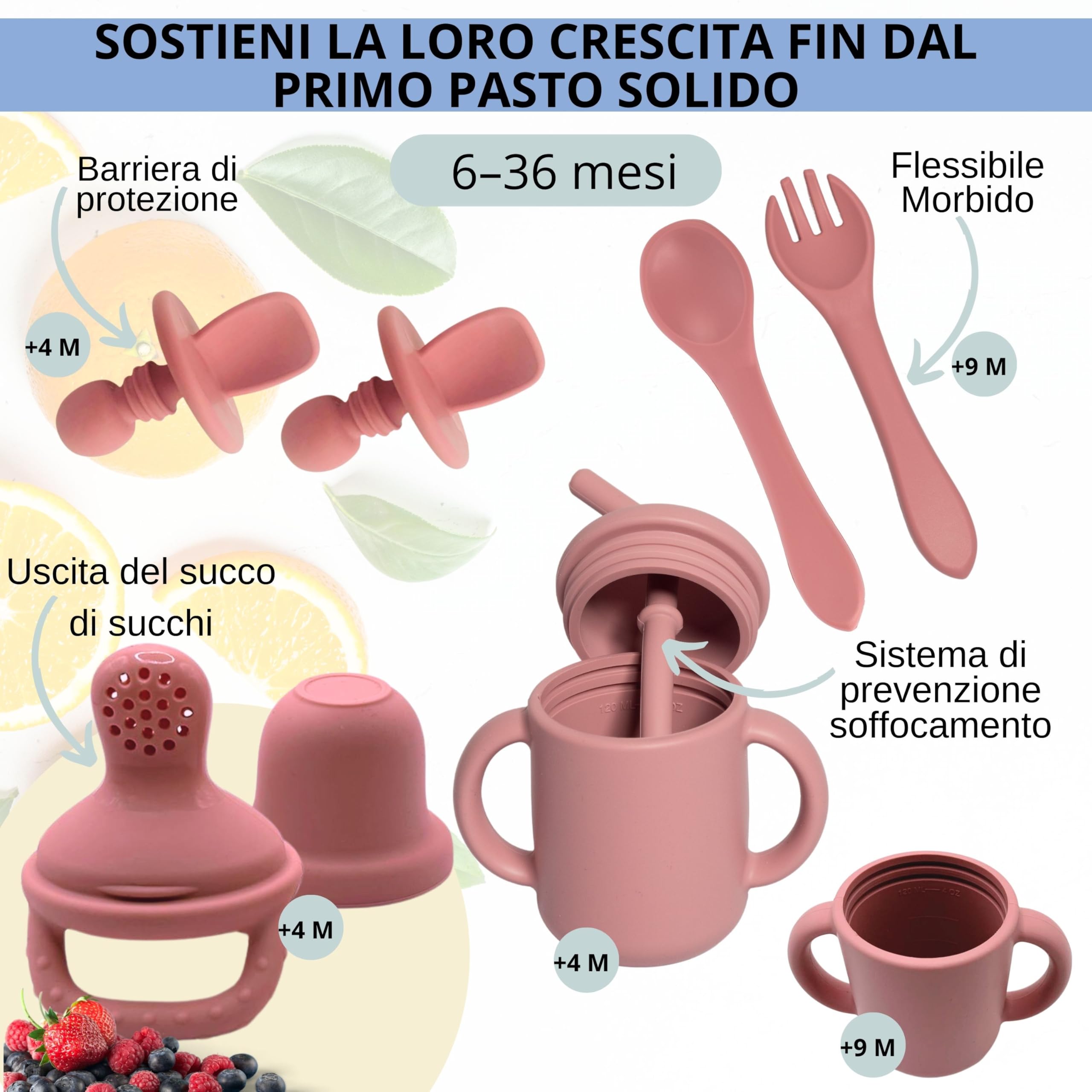 HappyDoo | Set Pappa Svezzamento | 12 Pezzi | Piatto Svezzamento con Ventosa | Citola | Bavaglini | Posate per Bambini | Bicchiere |Regalo Ciuccio Frutta |Set Pappa senza BPA | In Confezione Regalo