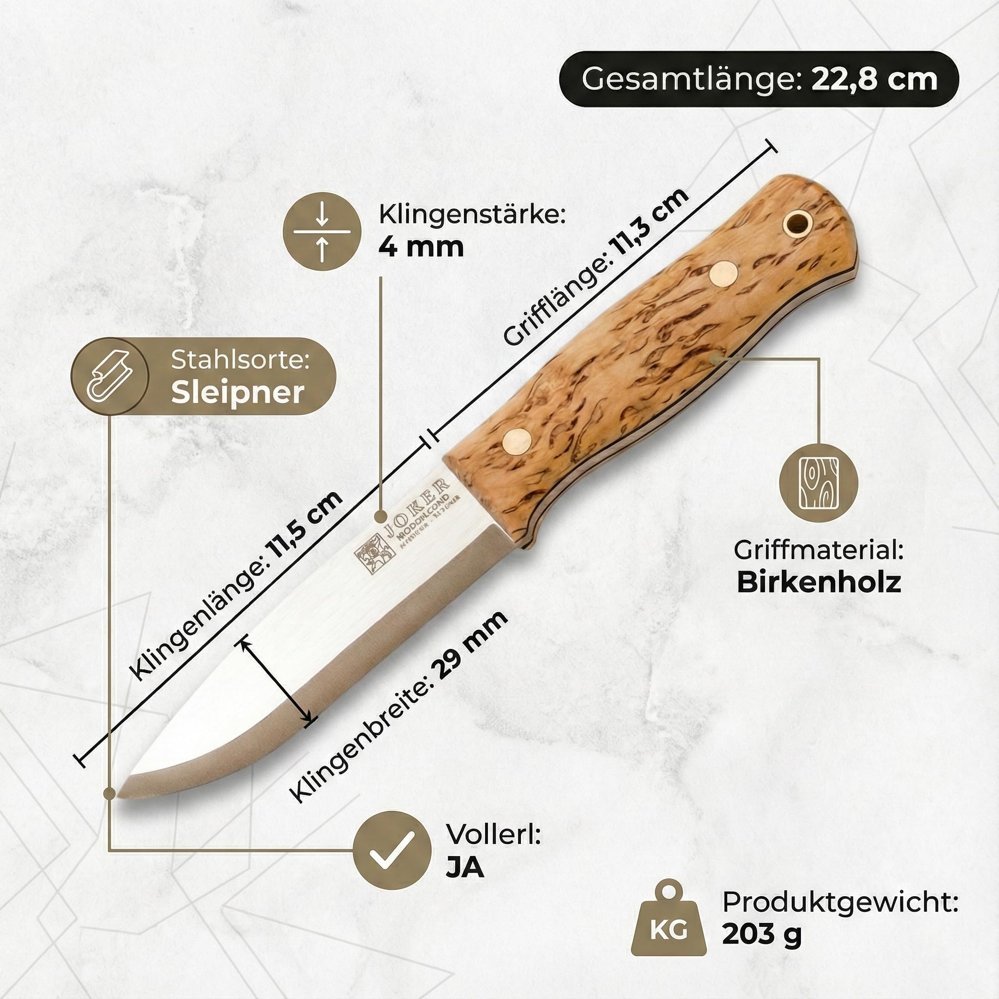 Joker Cuchillo de monte enterizo Scandi Bushlore CL138, mango de abedul rizado, hoja de 11,5 cm, con funda de cuero marrón, herramienta de pesca, caza, camping y senderismo.