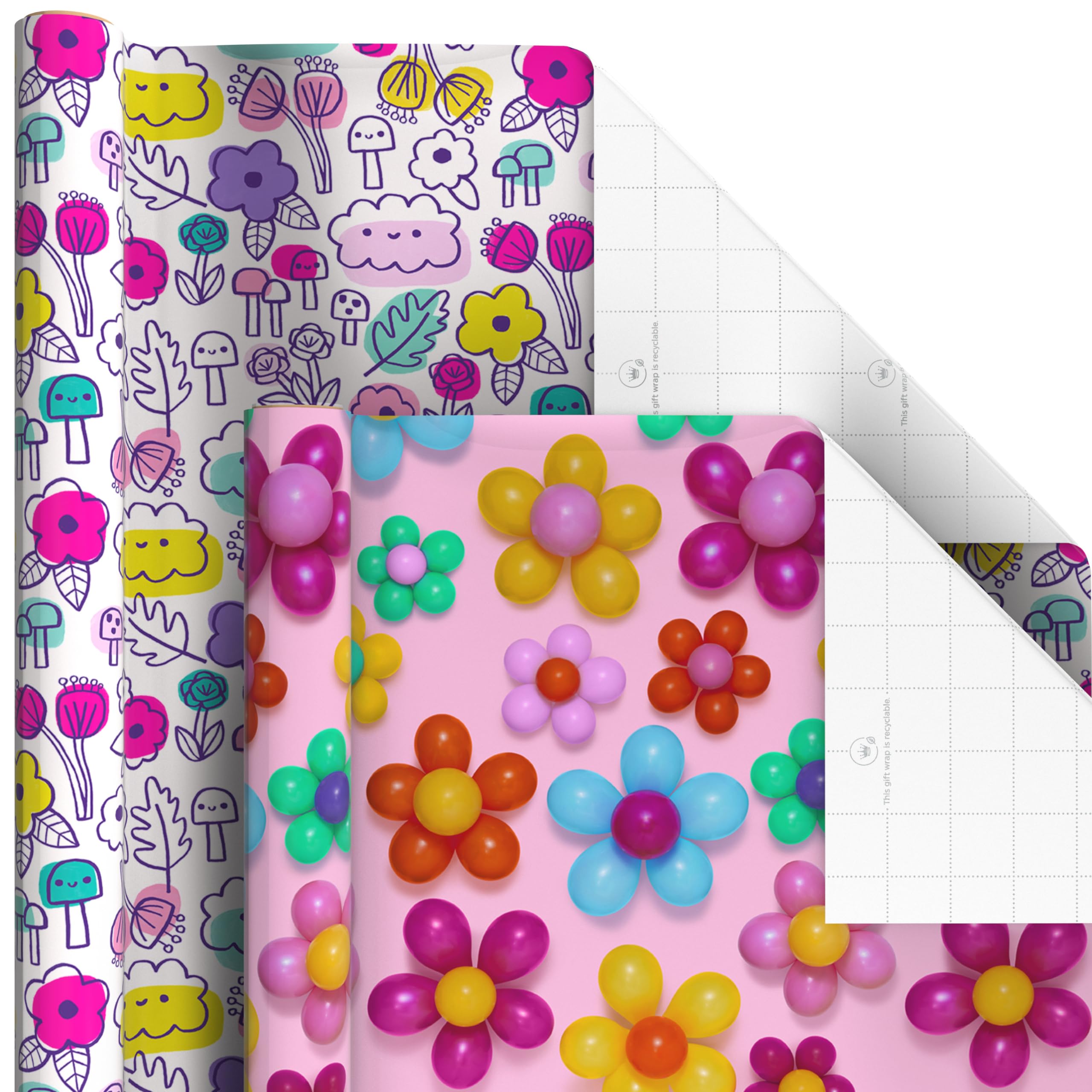 Hallmark Geschenkpapierrollen zum Geburtstag - Blumen, Streifen, Rosa, Blaugrün und Schwarz Polka Dots Geschenkpapier (Set mit 6 Rollen: 180 sq. ftl.)