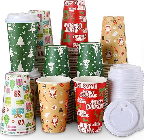 100 vasos de papel de café de Navidad con tapas, 16 onzas, desechables, muñeco de nieve, Papá Noel, elfo, tazas de papel para bebidas calientes de
