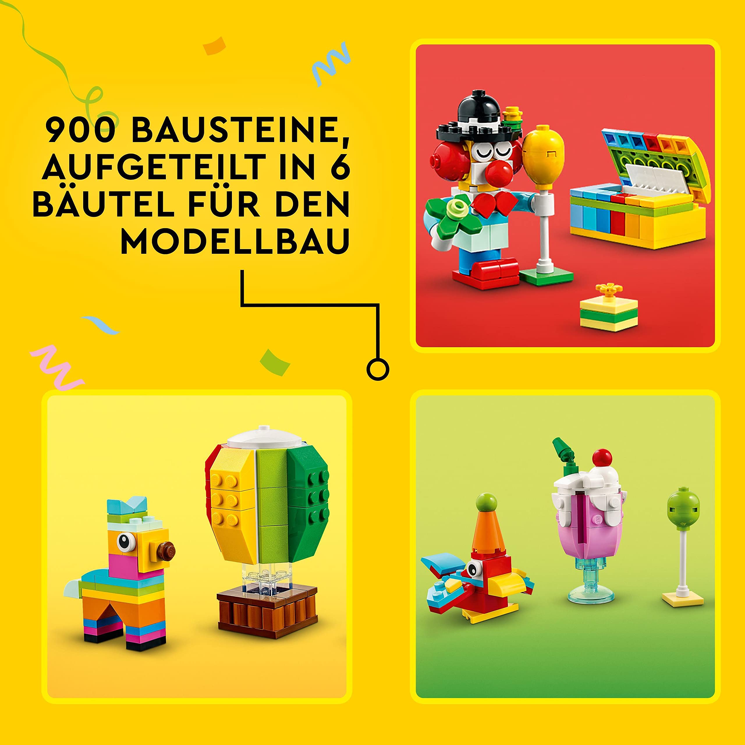 LEGO 11029 Classic Party Kreativ-Bauset Bausteine-Box, Familienspiele zum gemeinsamen Spielen, enthält 12 Mini-Bausteine: Teddybär, Clown, Einhorn, Spaß für alle ab 5 Jahren