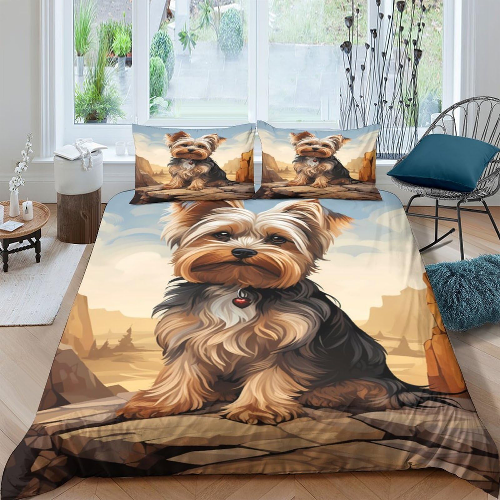 GPLZQXKJNH 3D Printed Yorkshire Terrier Duvet Cover Microfiber Soft Breathable Dog Bedding Set with 2 Pillowcases for Bedroom Decor Single（135x200cm）