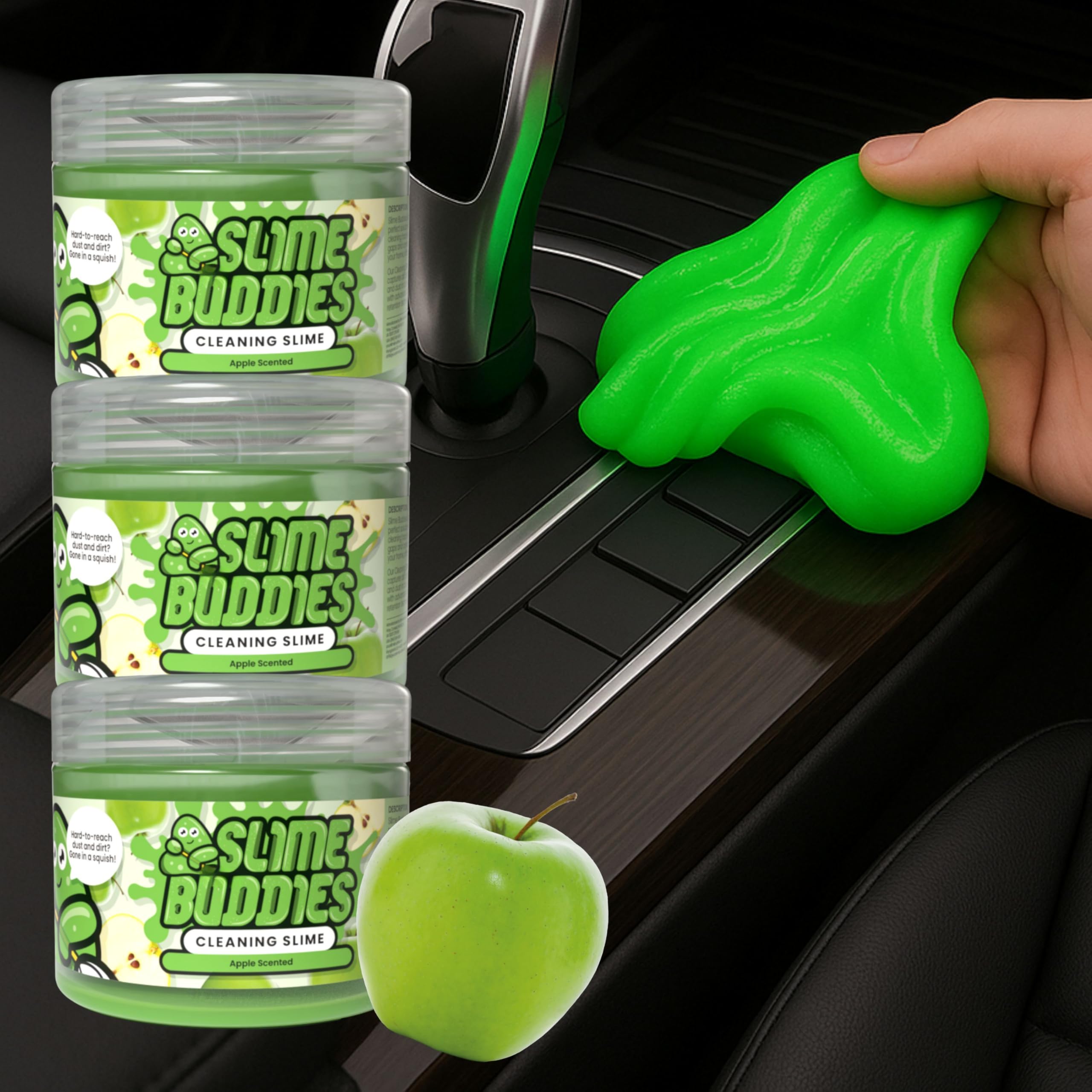 Slime Buddies Cleaning Gel | Pack of 3 - Great for Car Interiors, Cup Holders, Keyboards & More | Reusable Cleaning Slime - Apple