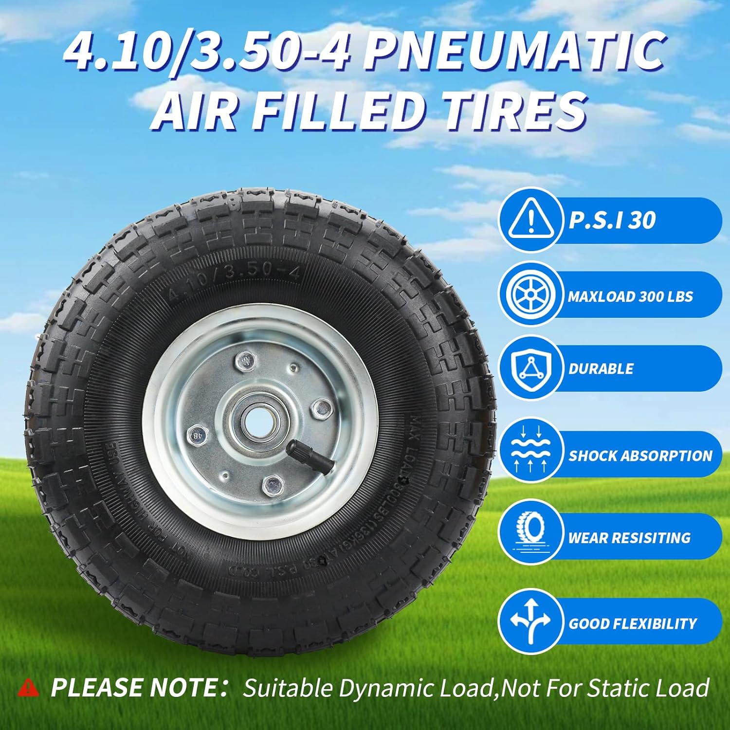 (2 Pack) RRQ 10 Inch Pneumatic Wheel 4.10/3.50-4 Tire, 10 Pneumatic Wheels with 5/8 Bearings,2.2 Offset Hub for Garden Cart, Hand Truck, Lawn Cart, Mower