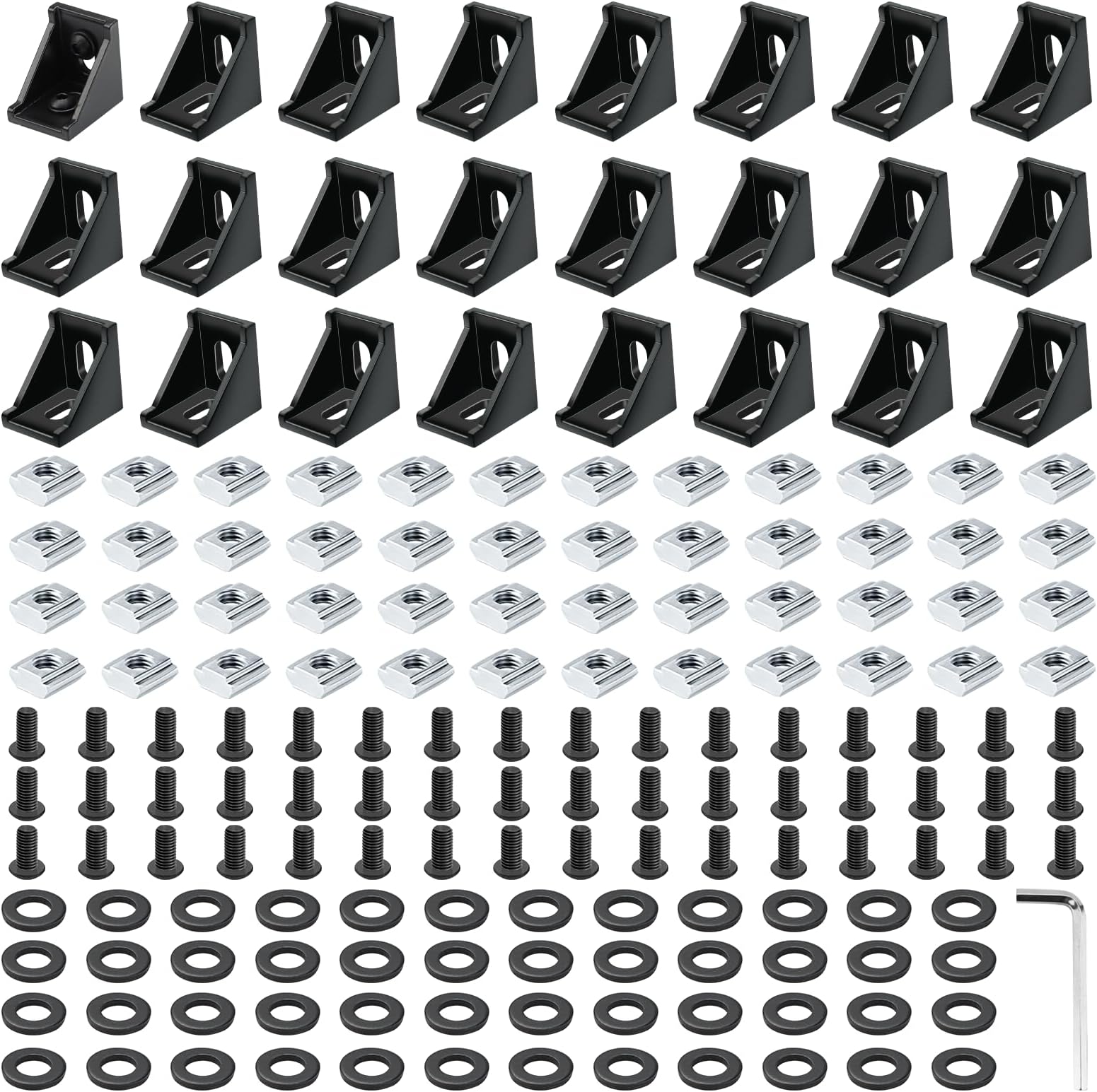 24 Set Black 3030 Series Aluminum Extrusion Profile Connector, Includes 1pc Wrench, 24pcs 2835 Corner Bracket, 48pcs M6 T-Slot Sliding Nuts and Hex Screw Bolt for 20S Aluminum Rail Accessories