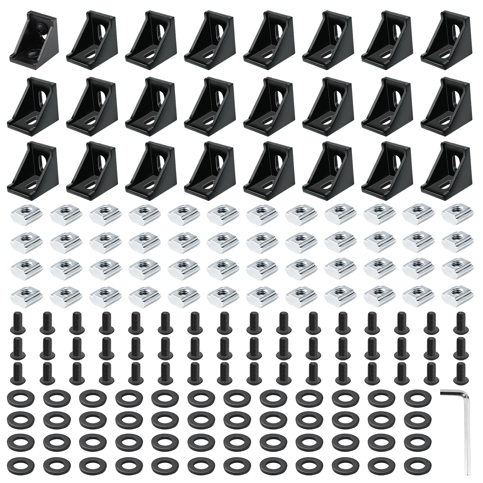 24 Set Black 3030 Series Aluminum Extrusion Profile Connector, Includes 1pc Wrench, 24pcs 2835 Corner Bracket, 48pcs M6 T-Slot Sliding Nuts and Hex Screw Bolt for 20S Aluminum Rail Accessories