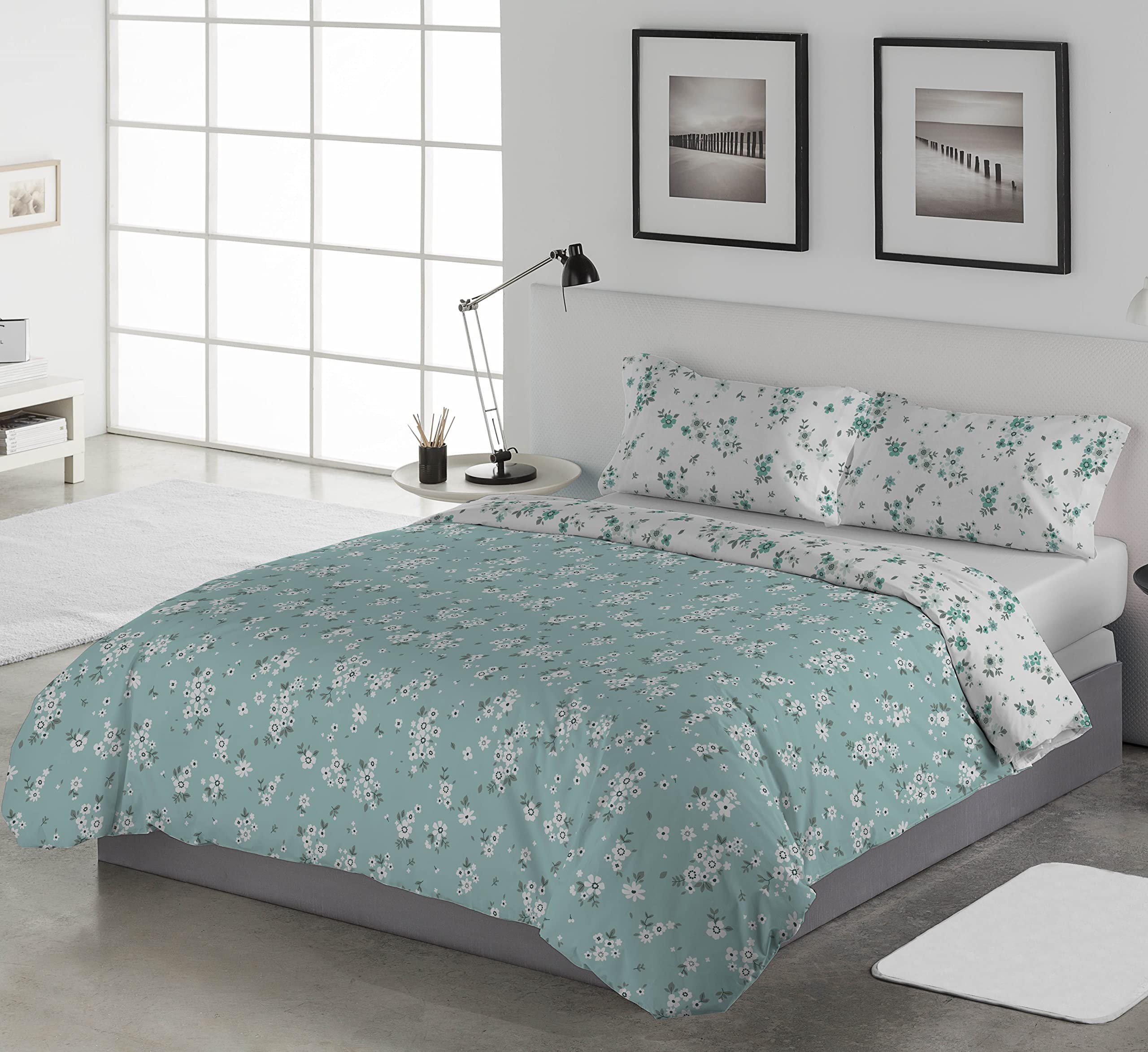 LEBENGOOD Funda Nórdica Cama 150, con 2 Fundas Almohada, Funda de Edredón 150x190/200, Estampada, Reversible, Colcha Sábana,Nordicos Cama 150 Invierno, Funda nordica 240x260 (Marguerita Agua 150)