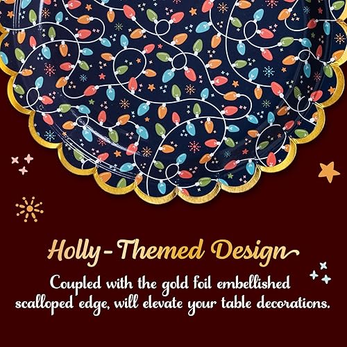 Miniatura 6 de Platos de papel de Navidad, 50 platos desechables de Navidad, oro festoneado, suministros para fiestas Juguetes de Navidad,Árboles de Navidad nevados