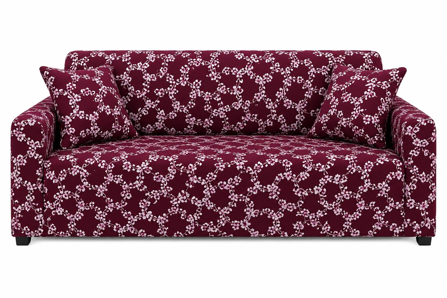 Premium Maroon Floral Printed 3 Seater Stretch Sofa Cover | Washable Elastic Slipcover | Soft Anti-Dust Furniture Protector | Living Room Couch Cover | Includes 2 Matching Cushion Covers-image-37