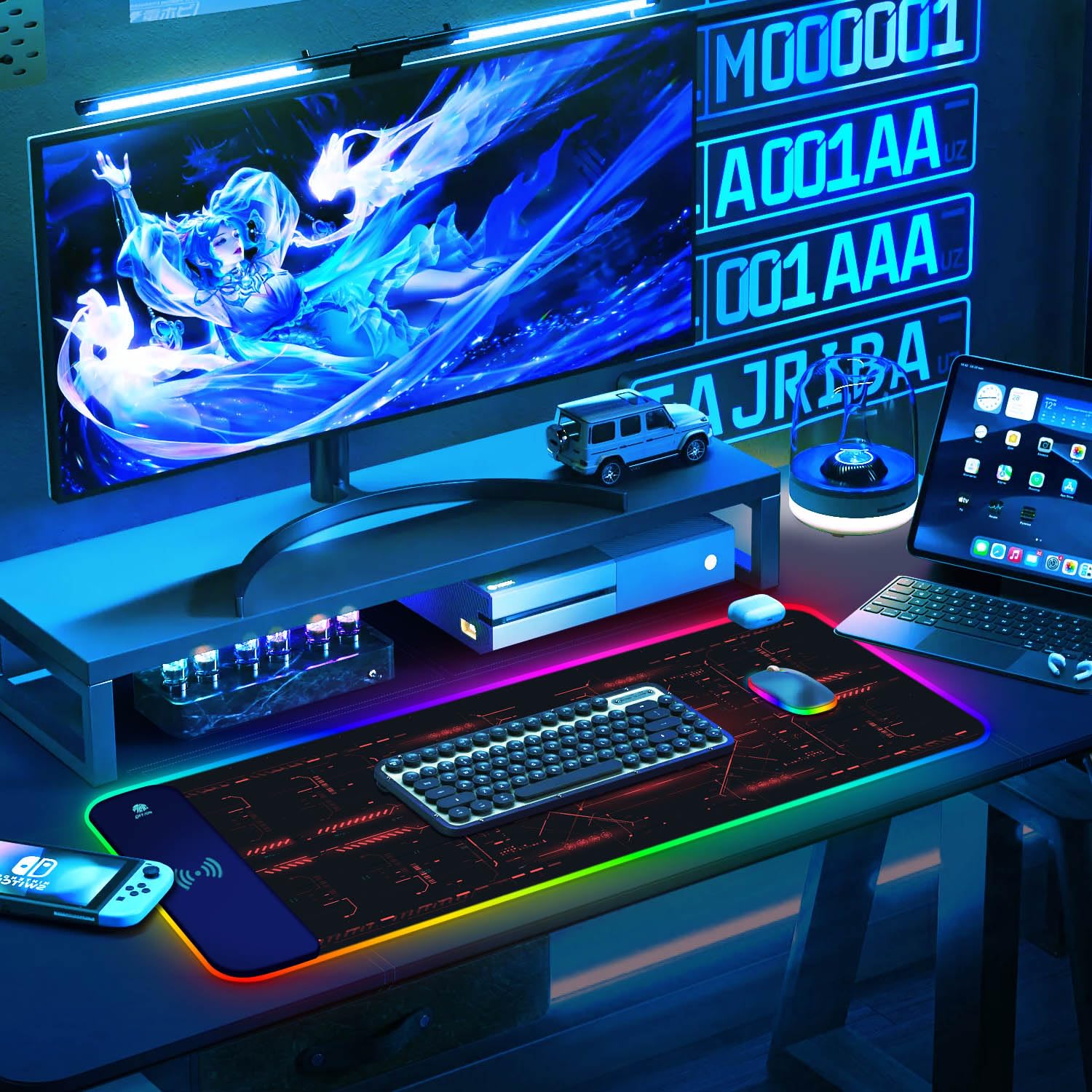 ToLuLu Tapis de souris de jeu RVB sans fil, 5/7,5/10/15 W, 10 modes d'éclairage LED, tapis de souris pour clavier d'ordinateur, 800 x 300 x 4 mm, grand tapis de bureau étendu pour jeux, MacBook,
