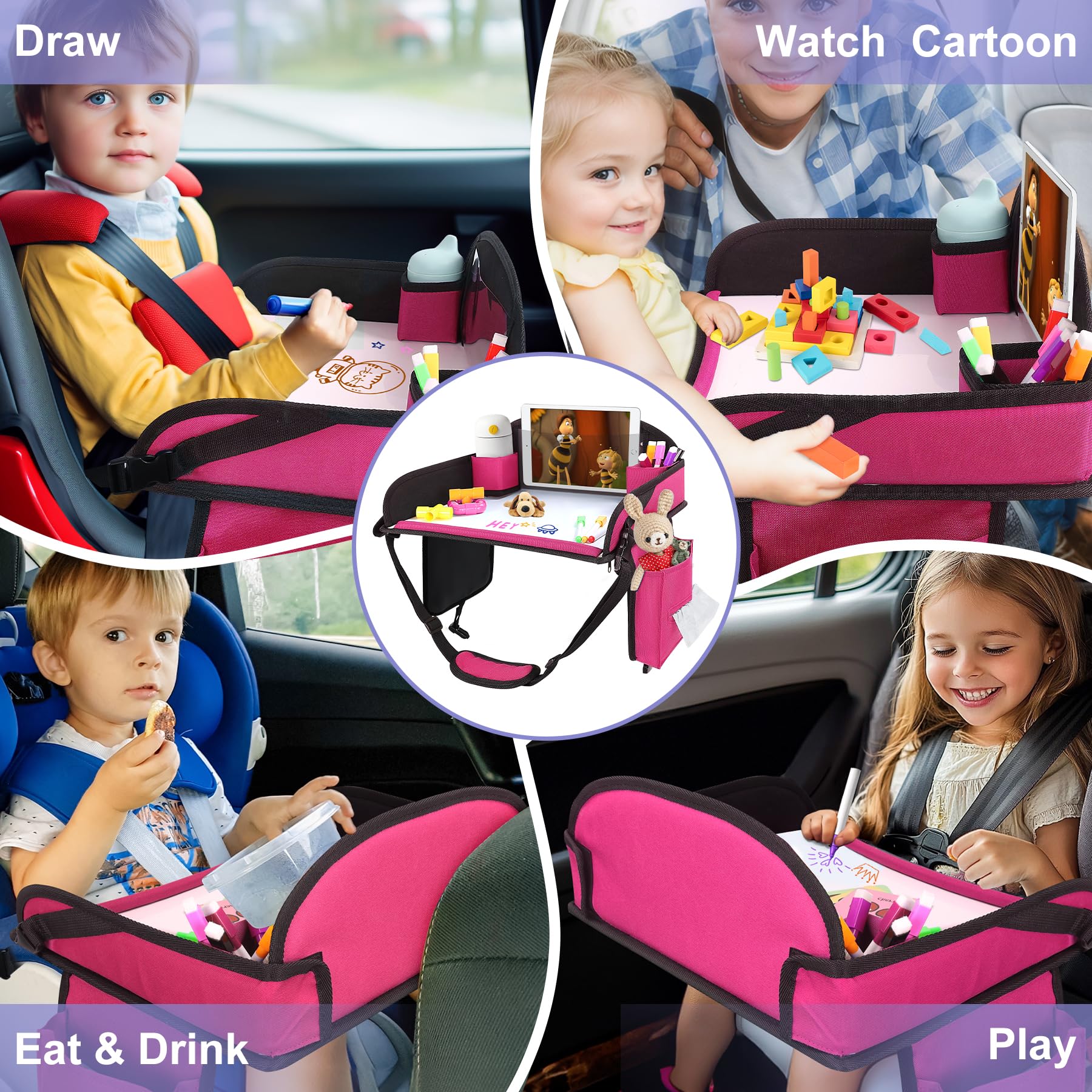 INFANZIA Vassoio da viaggio per bambini per auto, vassoio per seggiolino auto con pennarelli per i viaggi dei bambini, elementi essenziali per viaggi su strada, tavolo per seggiolino auto per attività