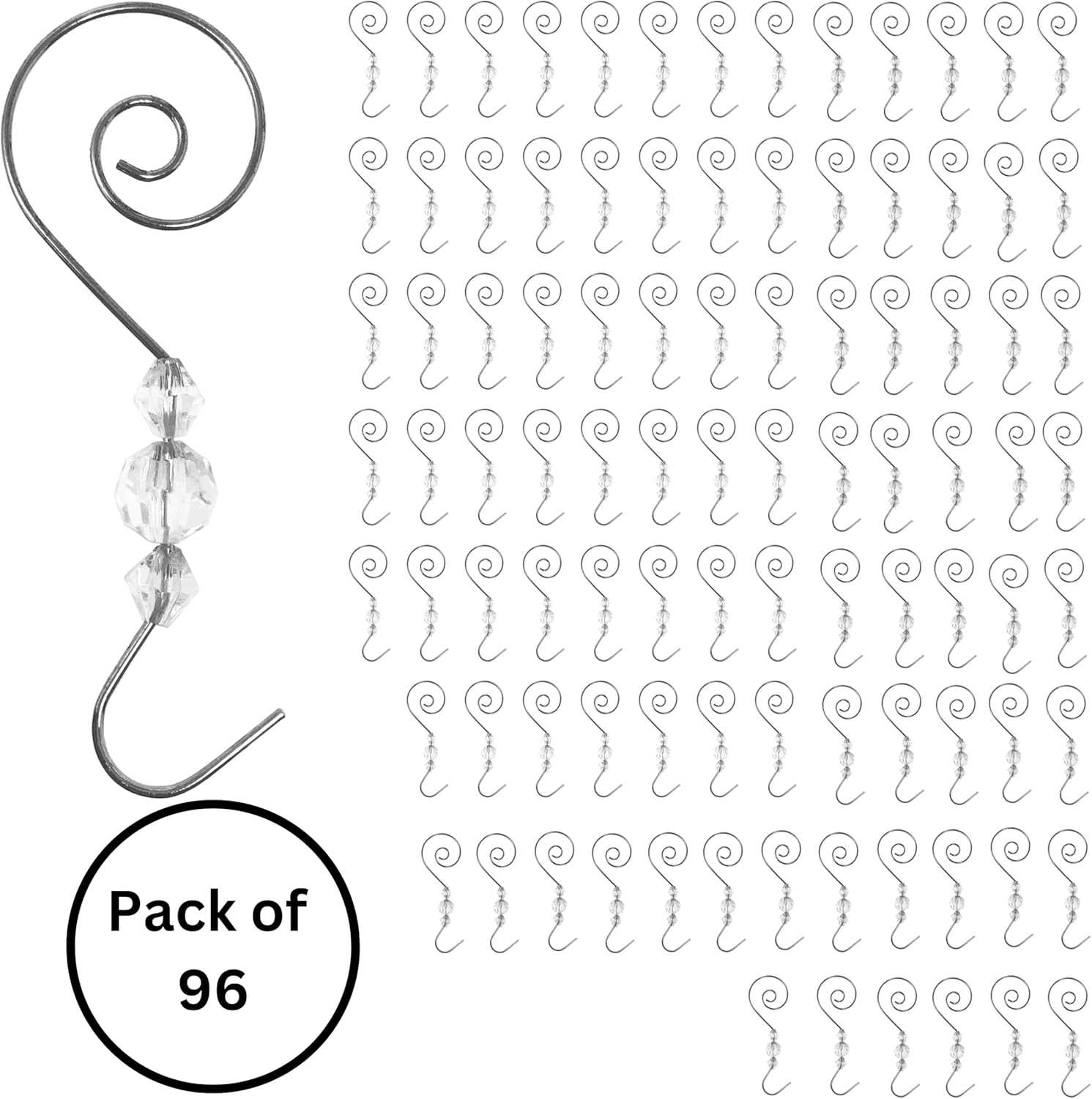 BANBERRY DESIGNS Christmas Ornament Hooks - Silver Wire Hanging Hook - Swirl Scroll Design with Clear Beads - Set of 96-3" H