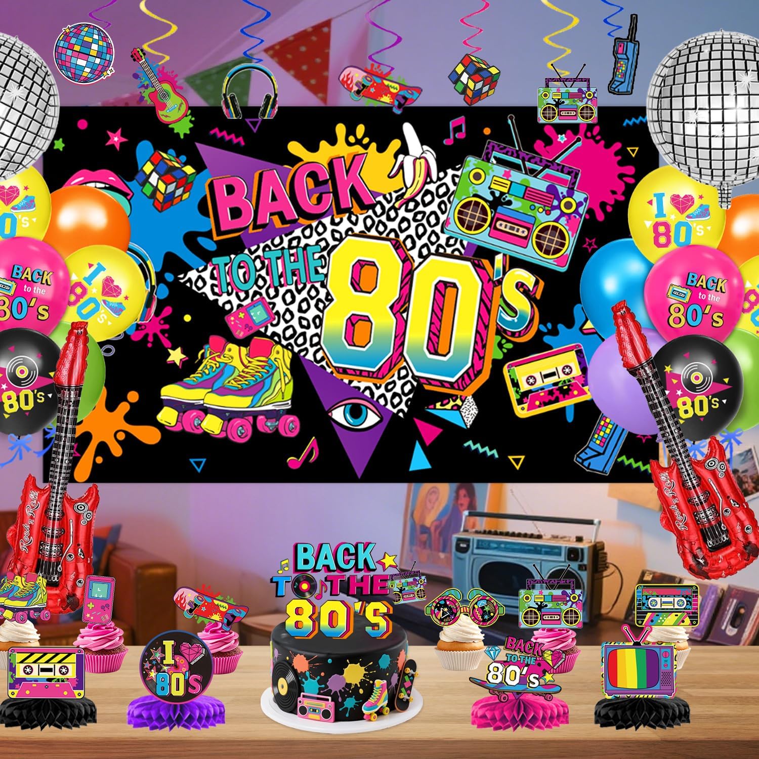 80s Party Decorations Includes Backdrop, Banner, Hanging Swirls, Foil & Latex Balloons, Cake & Cupcake Toppers, Honeycomb Centerpieces for 80s 90s Party Decorations