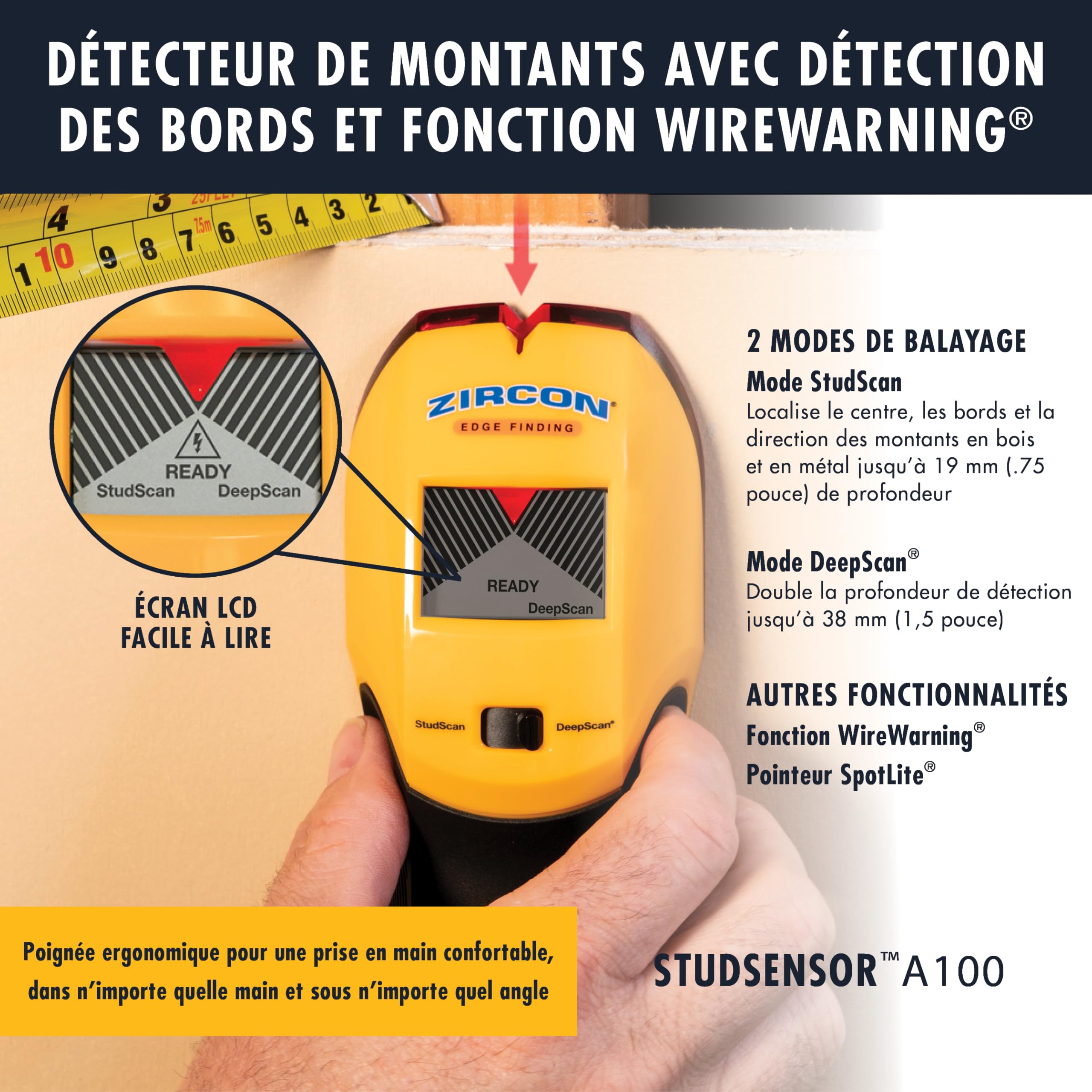 Zircon StudSensor A100 Scanner mural électronique/détecteur de goujon/détecteur de fils AC