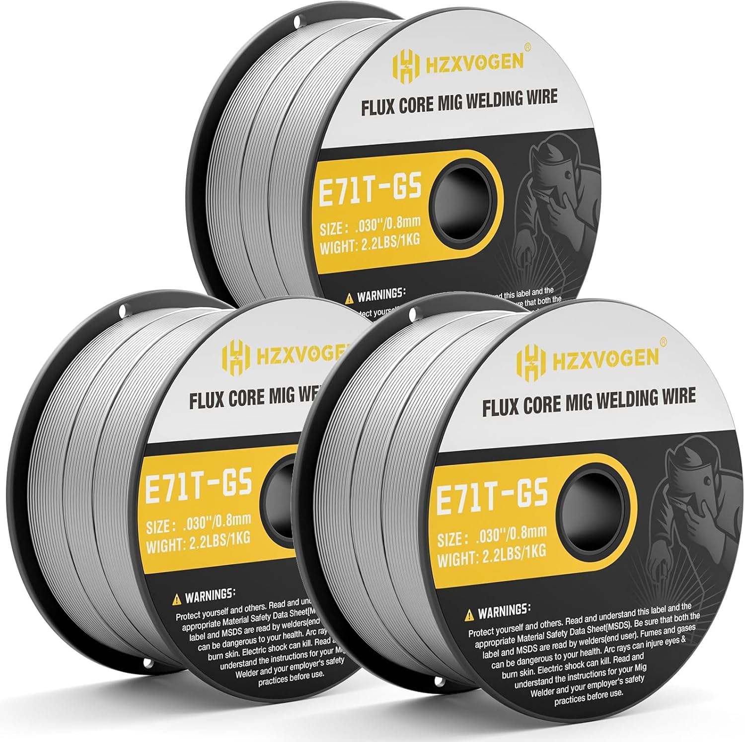 H HZXVOGEN fil fourré sans gaz 0.8mm 3kg, flux E71T-GS, fil de soudage sans gaz, lot de 3 pour équipement de soudage MIG | E71T-GS Fil de soudage à noyau de flux .030, faible éclaboussure