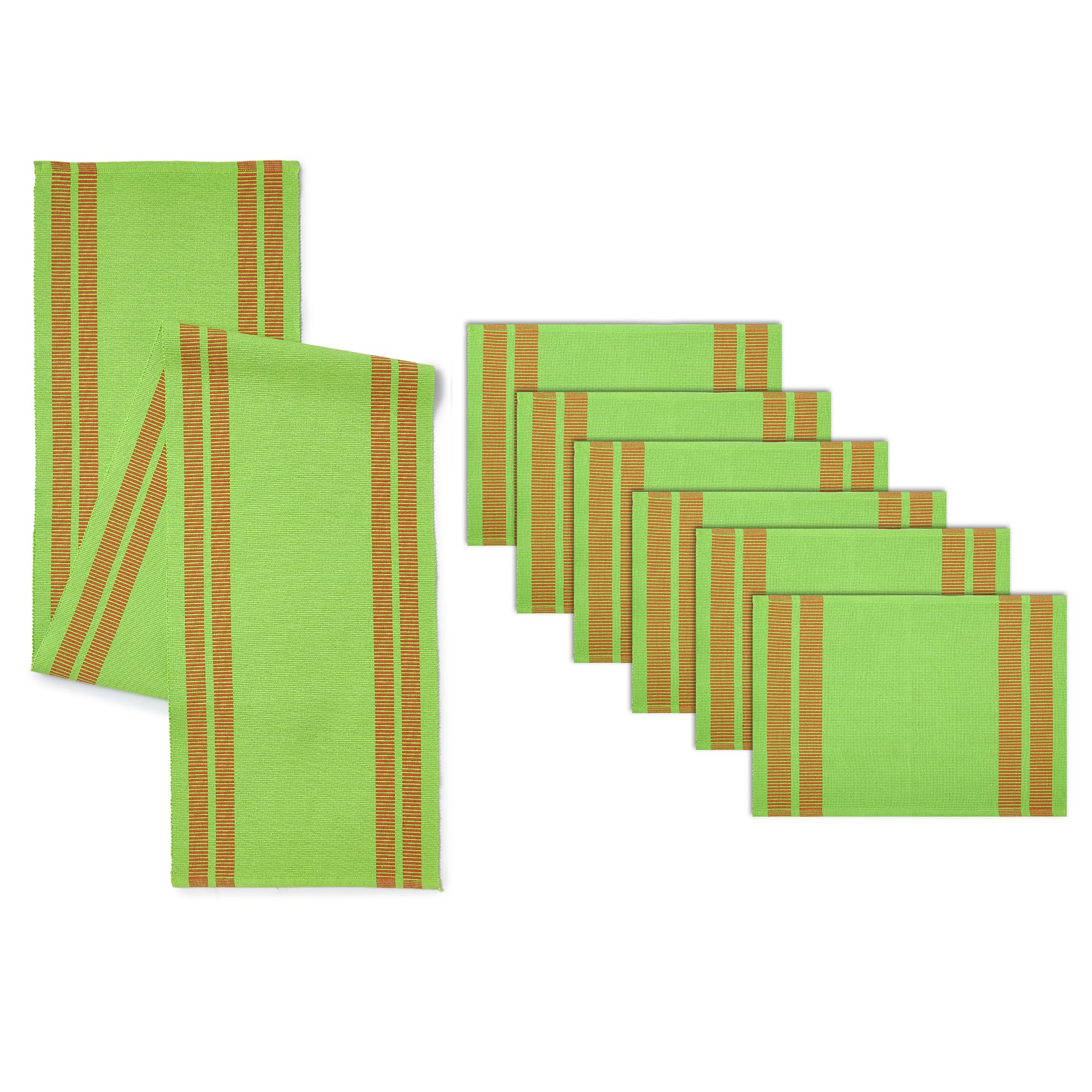 Encasa XO Table Runner and Placemats Set 4 | Fine Ribbed Cotton | Ladder Green | 1 Table Runner Size 13"x54" & Each Table Mat Size 19x13 Inch