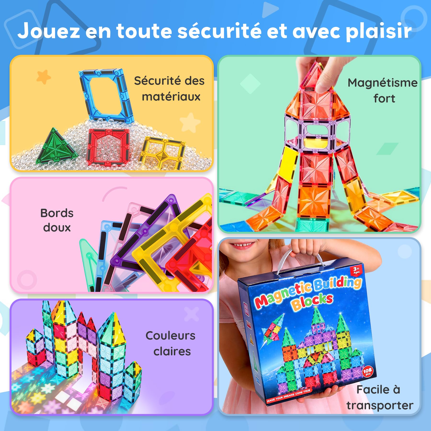 WOOBLO Bloc magnétique 108 pièces avec 2 Voitures, Jeu de Construction magnétique pour Enfants à partir de 3 Ans, Jouet créatif à aimants, Jouet Montessori, Cadeau pour garçons et Filles Amovible