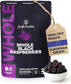 JunglePowders Whole Freeze Dried Black Raspberries 3.2oz - No Sugar Added Snacks for Kids, Baking, Smoothies & Garnish