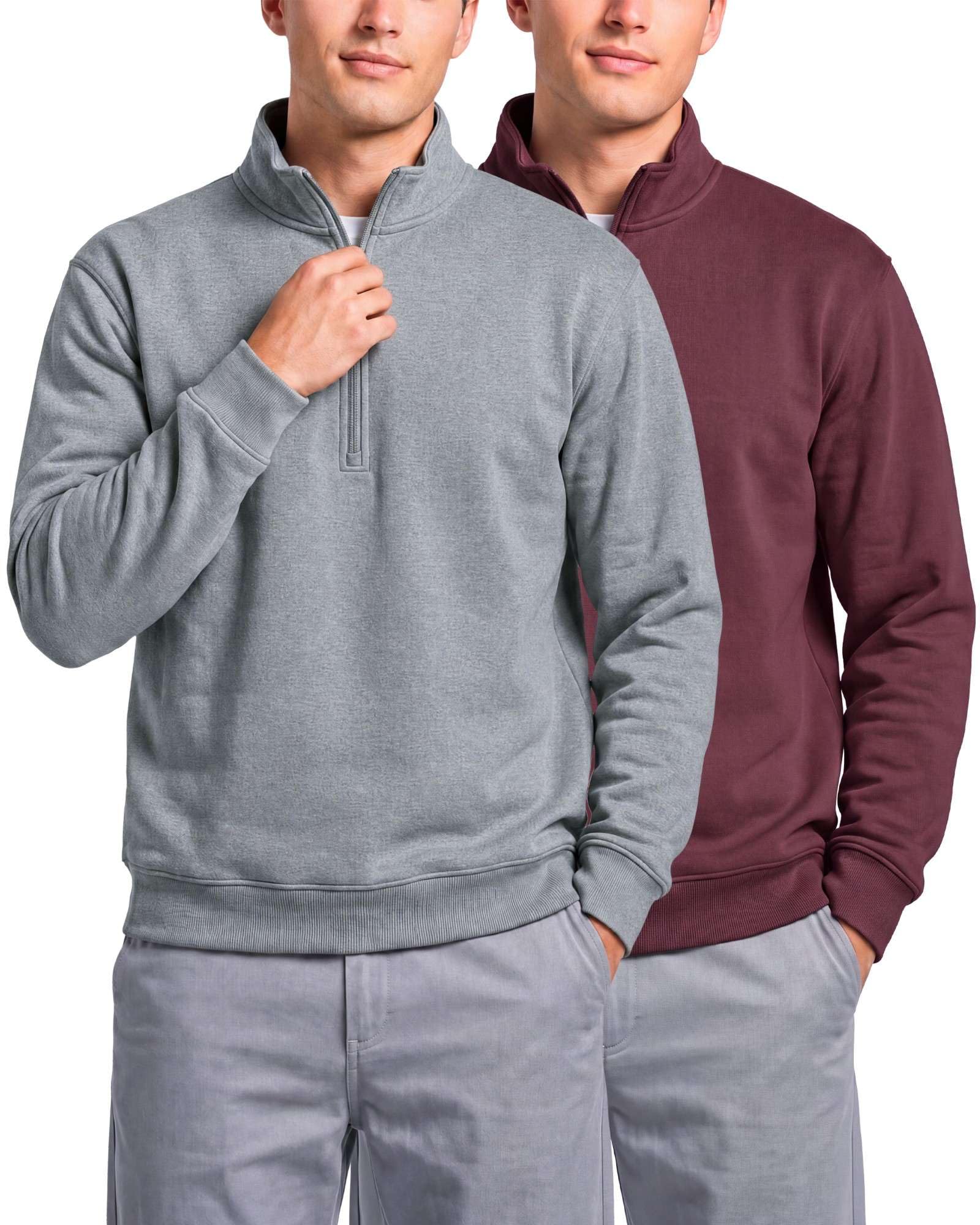 2 Pack Mens Fleece Sweatshirt Sweater Half Zip Pullover Long Sleeve Casual | 1/2 Zip Mock Neck, Ribbed Cuffs And Hem, High Neckline, Fall Winter Work Business Dress Warm Soft Layering Top