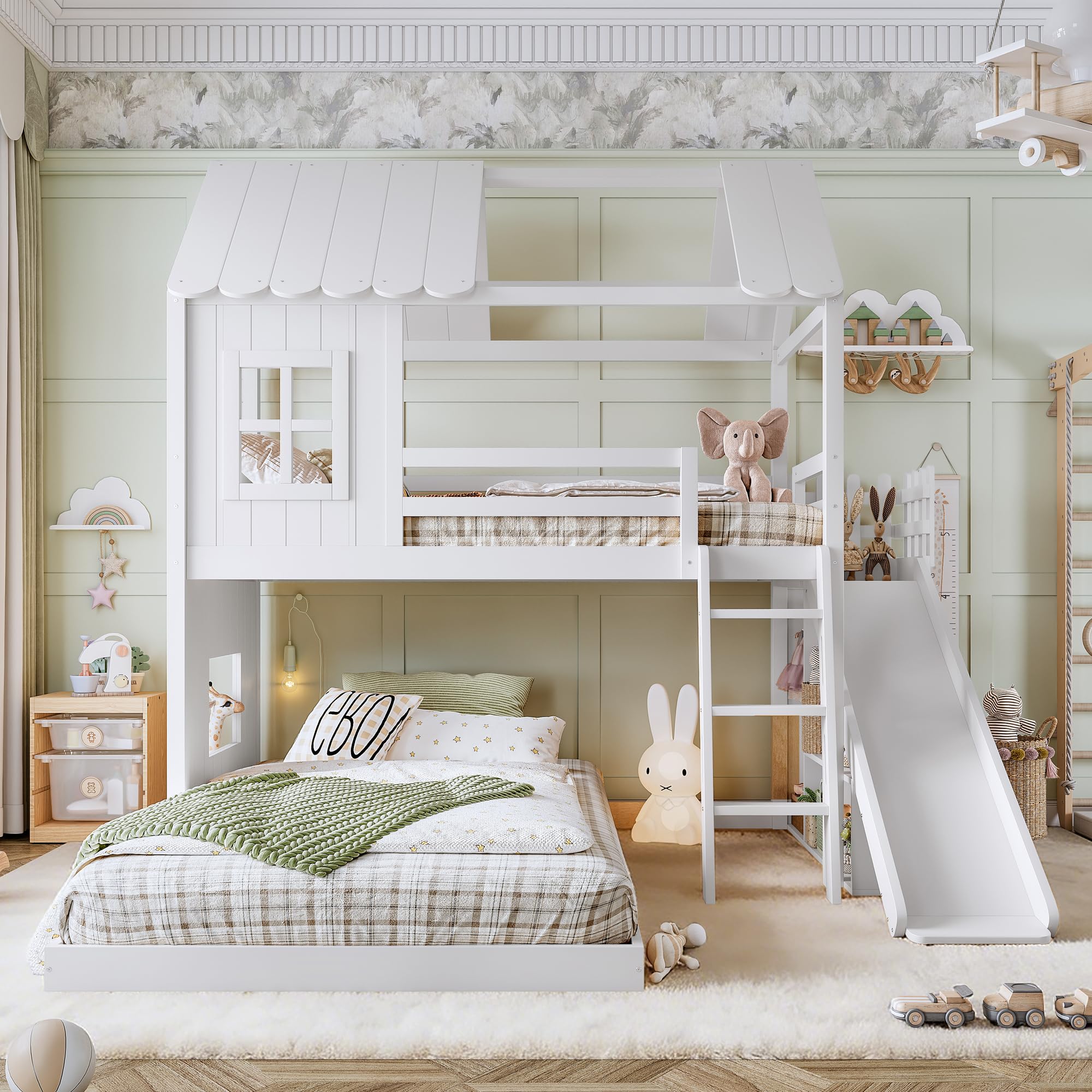 KEIKI Twin over Full Size House-Shaped Wooden Bunk Bed Frame with Storage Shelves & Wardrobe, Playhouse Design Bunk Bed with Ladders & Slides, No Box