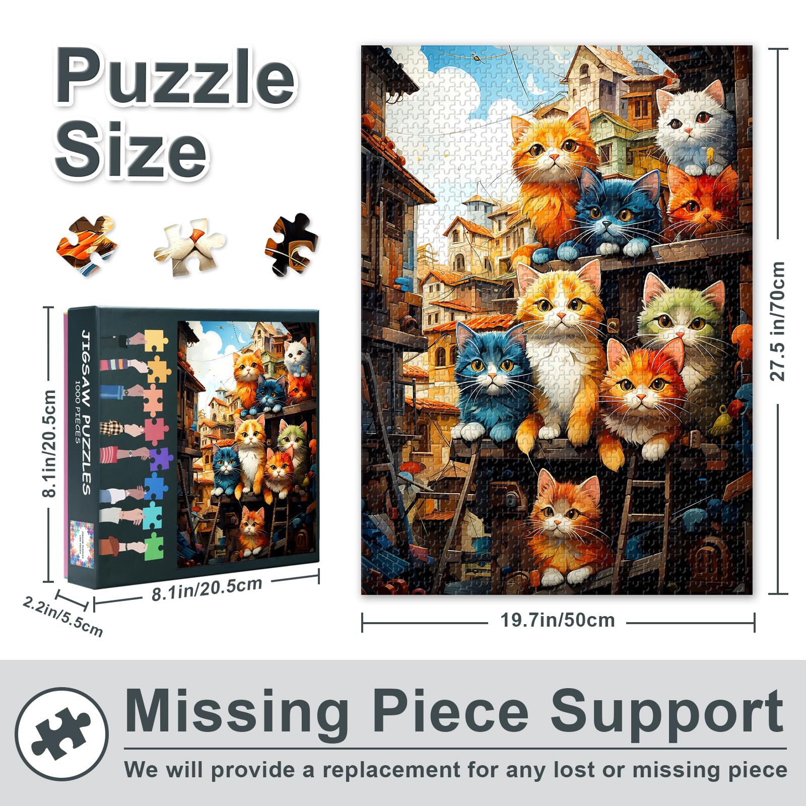 Animals Jigsaw Puzzles for Adults 1000 Pieces, Group of Cats Sitting on Top of Wooden Shelf Puzzle - Image 3