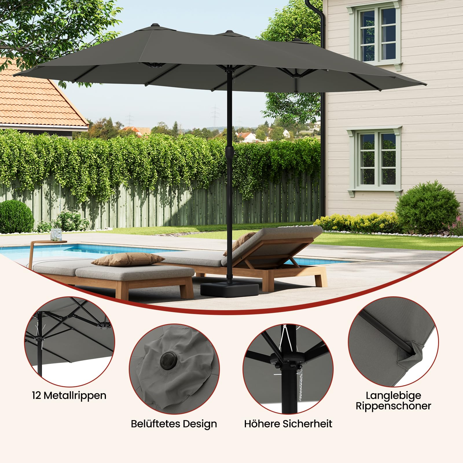 Laneetal Doppelsonnenschirm, XXL Extra großer Sonnenschirm, Gartenschirm, UV-Schutz bis UPF 50+, Terrassenschirm, mit Kurbel, für Garten, Terrasse, Pool und Patio