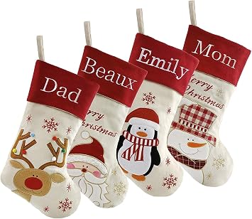 Set of 4,18" Personalized Customization Christmas Stockings with Exquisite Embroidery Names, Santa,Snowman,Reindeer,Penguin Characters, Quality Linen Stockings for Family Decor