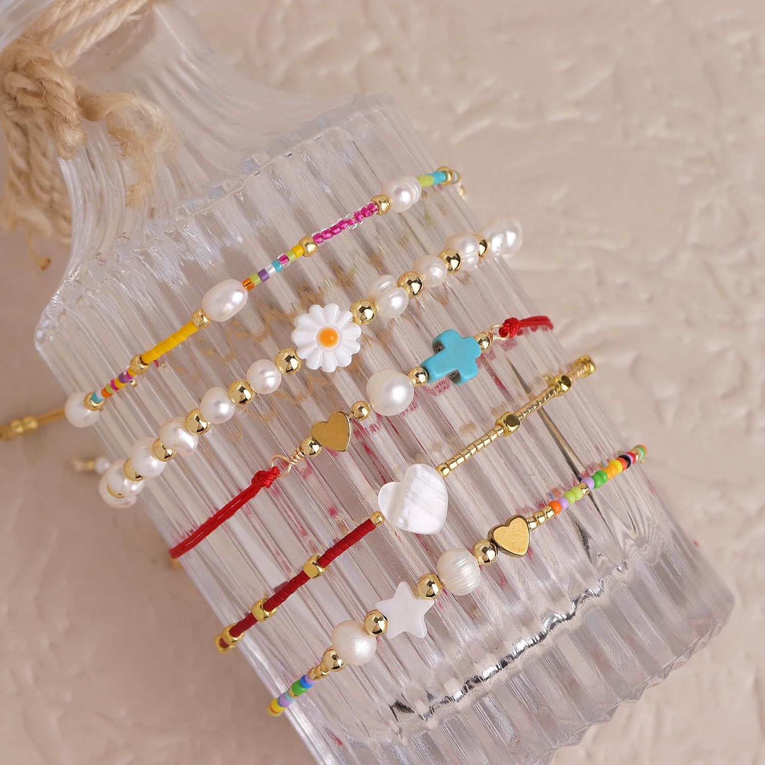 Cute Pearl Bead Anklets Bracelets for Women, Boho Handmade Daisy Cross Gold Beaded String Adjustable Ankle Bracelet Summer Beach Jewelry Gifts - Image 4