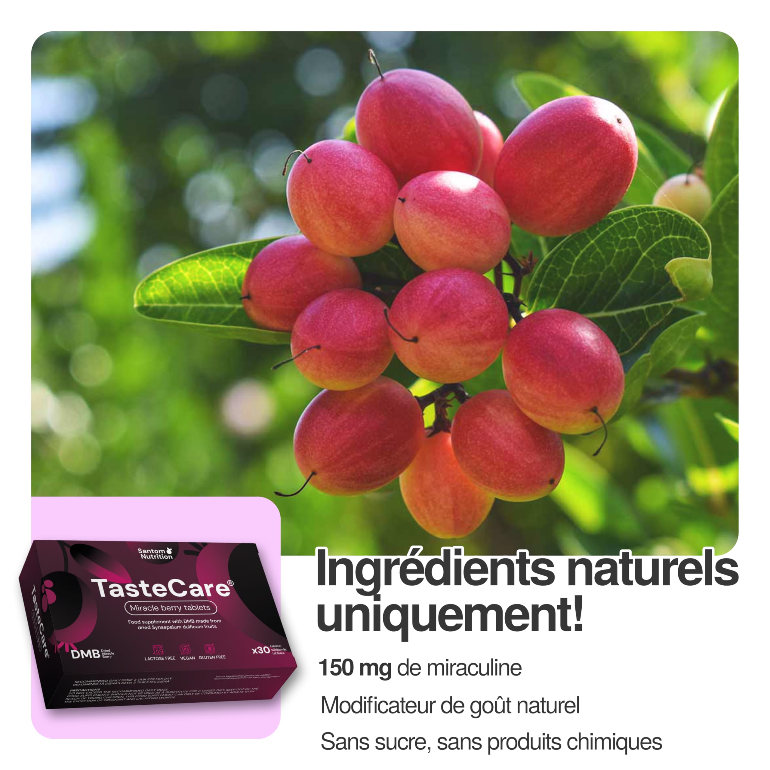 TasteCare Pastilles de Baie du Miracle | 30 Comprimés Baie Miracle | Miracle Berry | Miraculine Naturelle | Transforme l'Acide en Sucré | Sans Sucre | Collation Saine et Fête | Fabriqué en UE