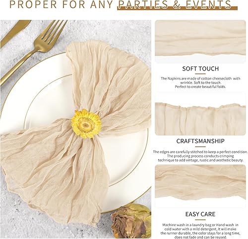 Miniatura 3 de Paquete de 42 servilletas de gasa de 20 x 20 pulgadas, servilletas de cena arrugadas color beige, servilletas bohemias rústicas de algodón suave