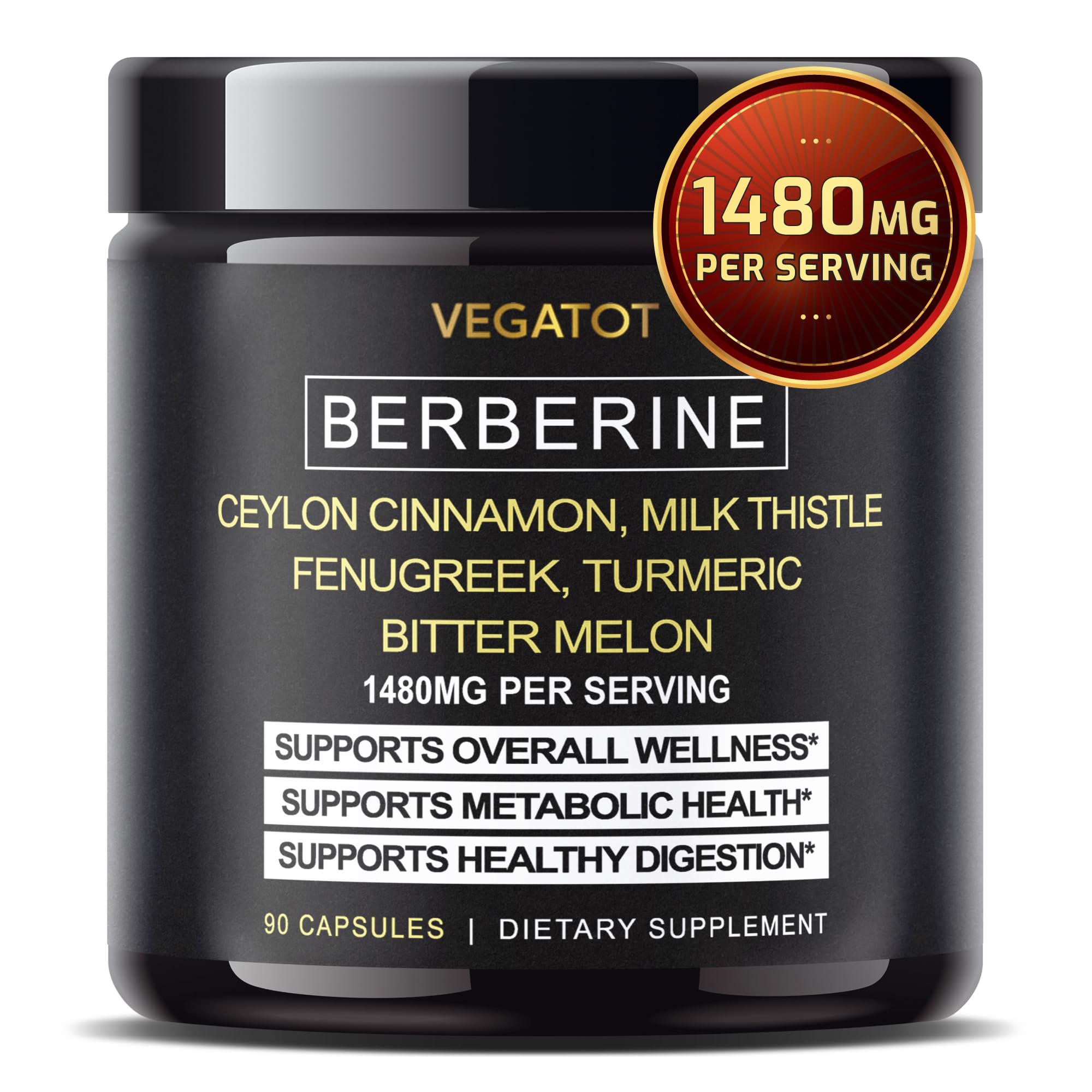 VEGATOT Berberine 1480 mg Total 13-in-1 with Ceylon Cinnamon, 90 Capsules 90 Count (pack of 1)