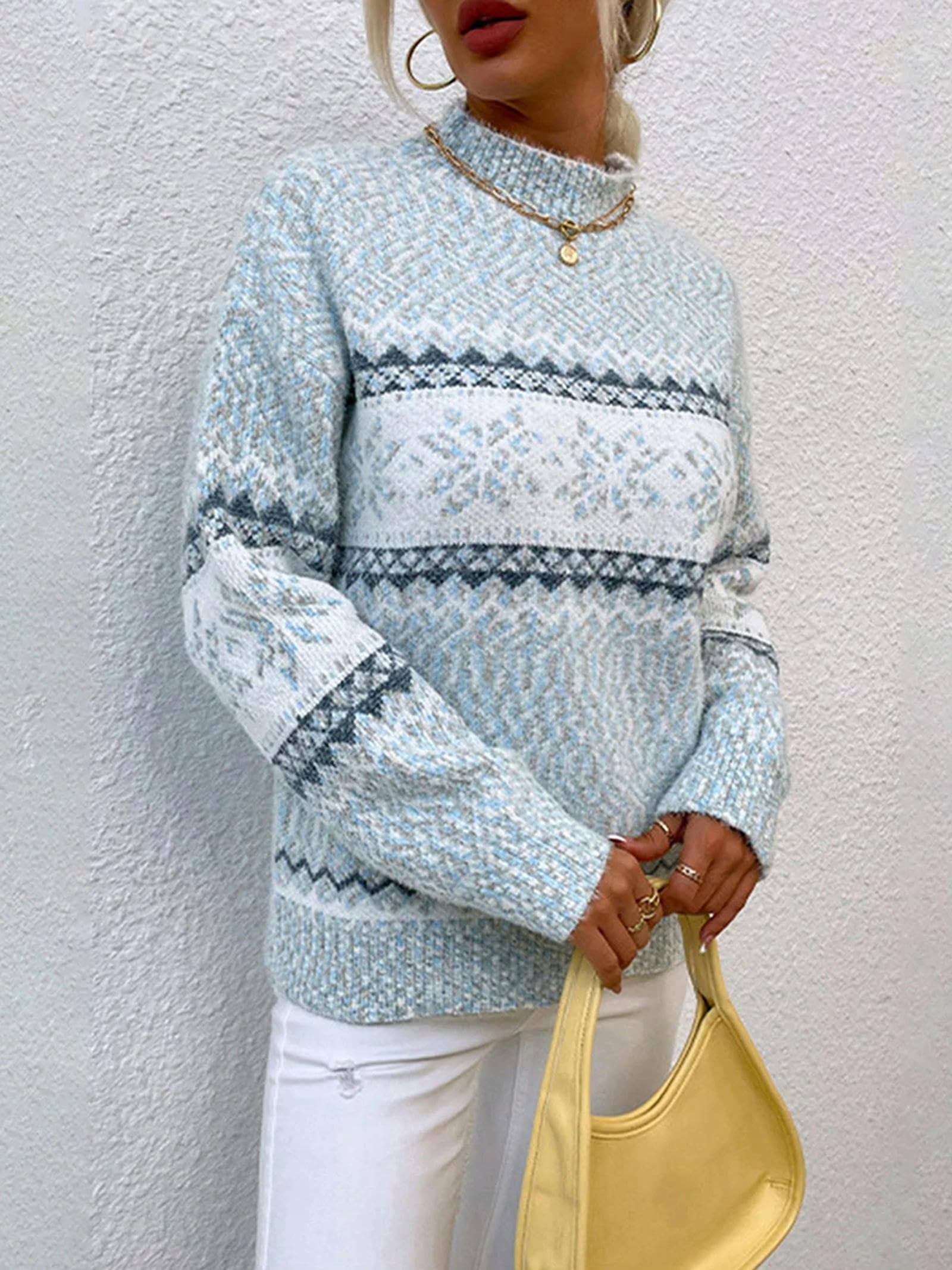 Maglione Natalizio Largo da Donna, con Stampa a Fiocchi di Neve, a ma Lunghe, con Collo Alto e Mezza Manica, Maglione Largo per Le Vacanze Invernali, Maglia Rosa-M