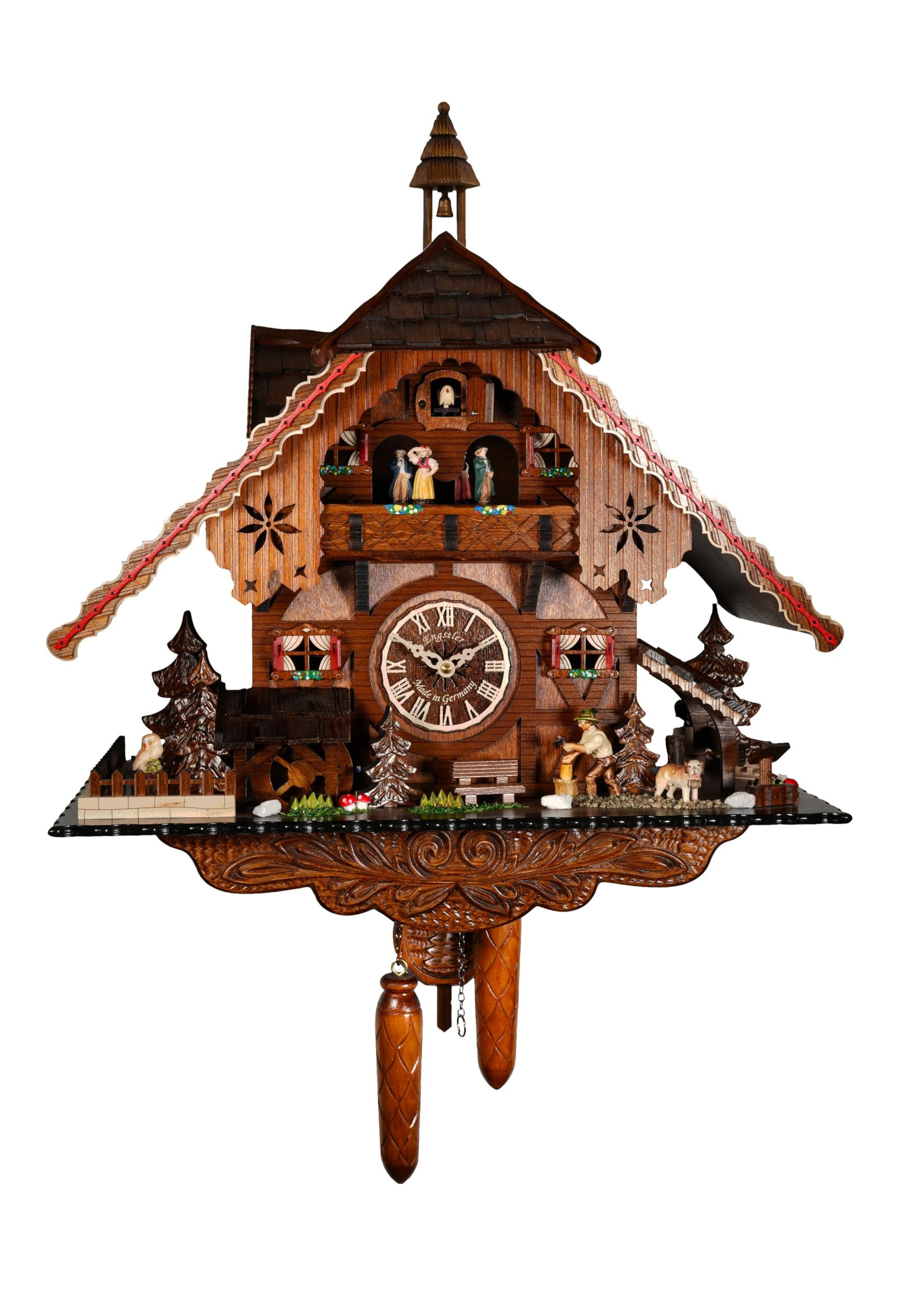 Engstler Quartz Cuckoo Clock Black Forest House with Moving Wood Chopper and Mill Wheel, with Music