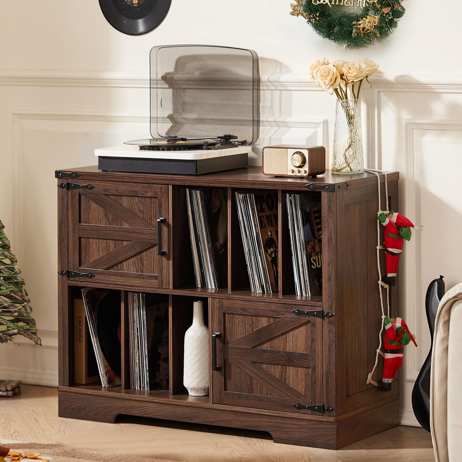 LELELINKY Large Record Player Stand with Storage, 1m Vinyl Records Storage Organizer Cabinet, Farmhouse Wood Vinyl Table with Barn Doors, Mid-Century Turntable Stands for Living Room, Brown
