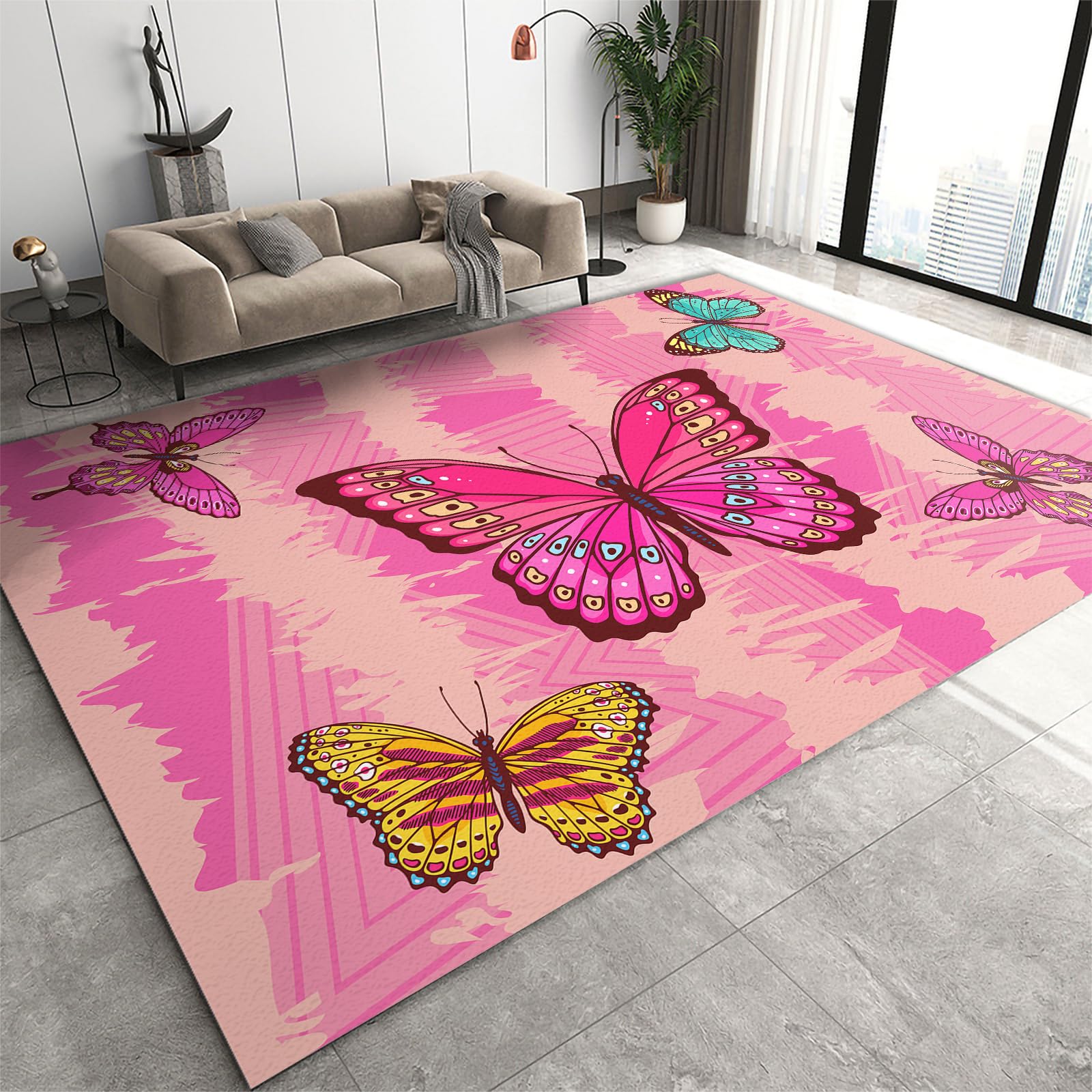FIEMAR Area Rug 90x150cm Living Room Soft Rugs for Bedroom, Pink Cartoon Butterfly Print, Rugs for Entryway Machine Washable Non Slip Low Pile Easy Care Pet Friendly for Bathroom Hallway Kitchen — image 1