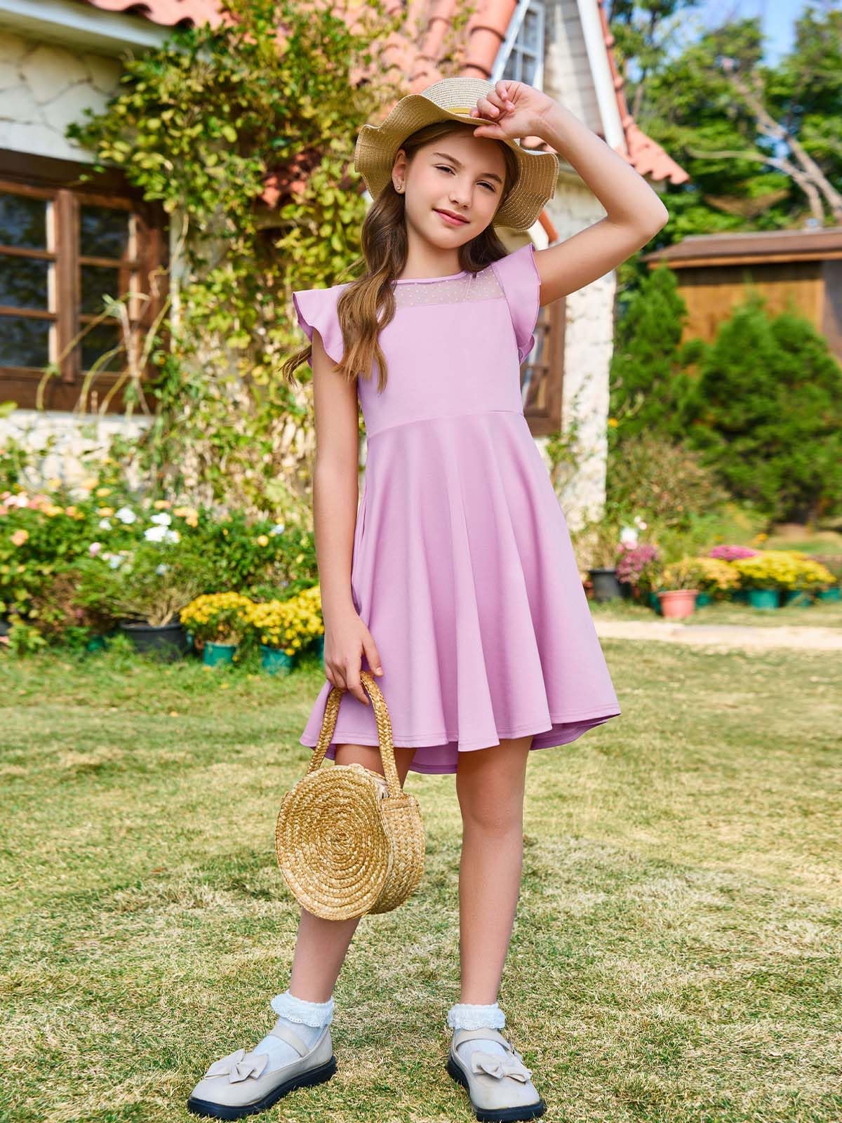Vestido de niña con volantes princesa, vestido de fiesta de malla línea A, vestido de verano para boda