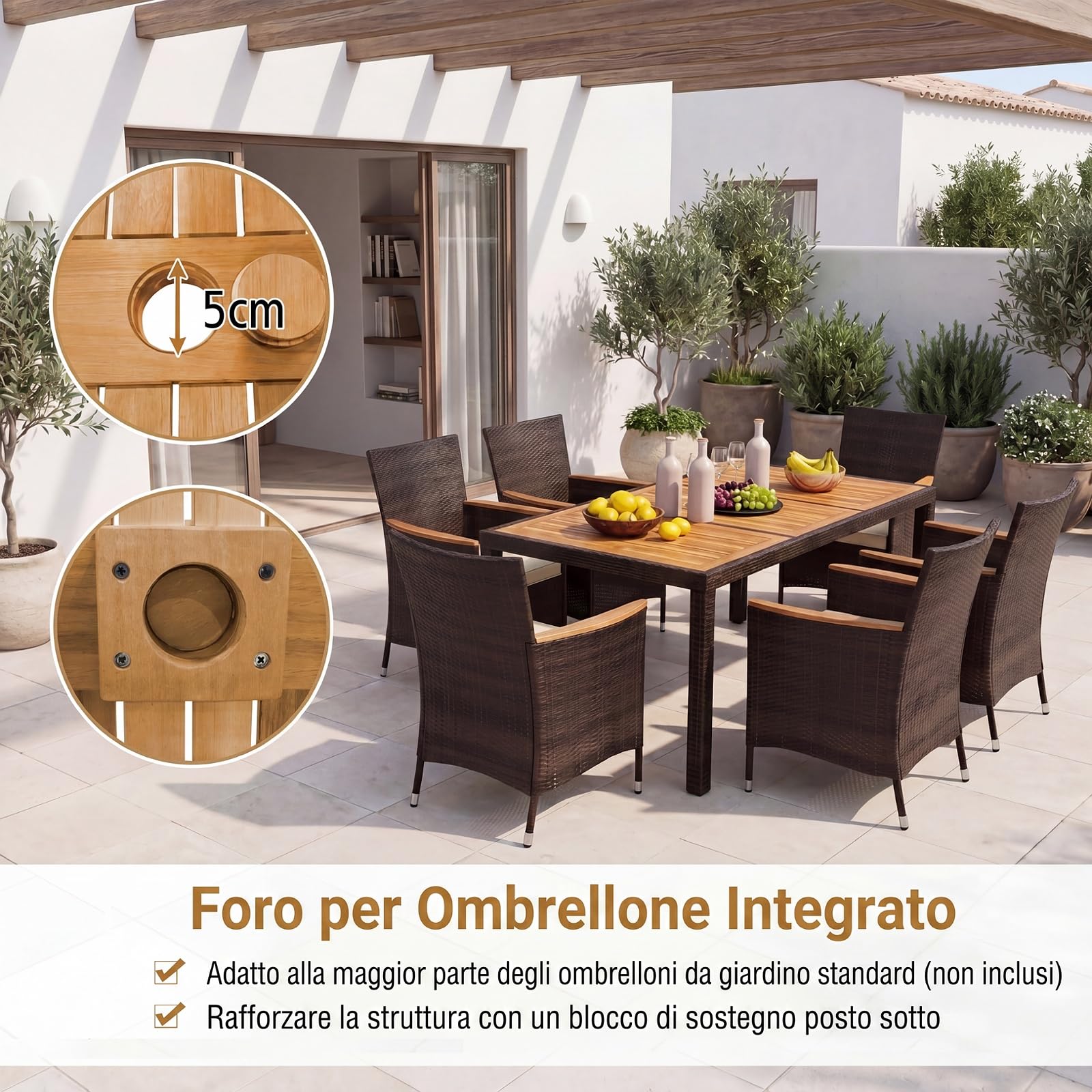 SOARS Set da Giardino Esterno 9 Pezzi, Tavolo e Sedie da Giardino in PE Rattan con Foro per Ombrellone 5 CM, Salotto da Esterno con Cuscini Morbidi per Terrazza e Patio, Portata 180 KG e 150 KG