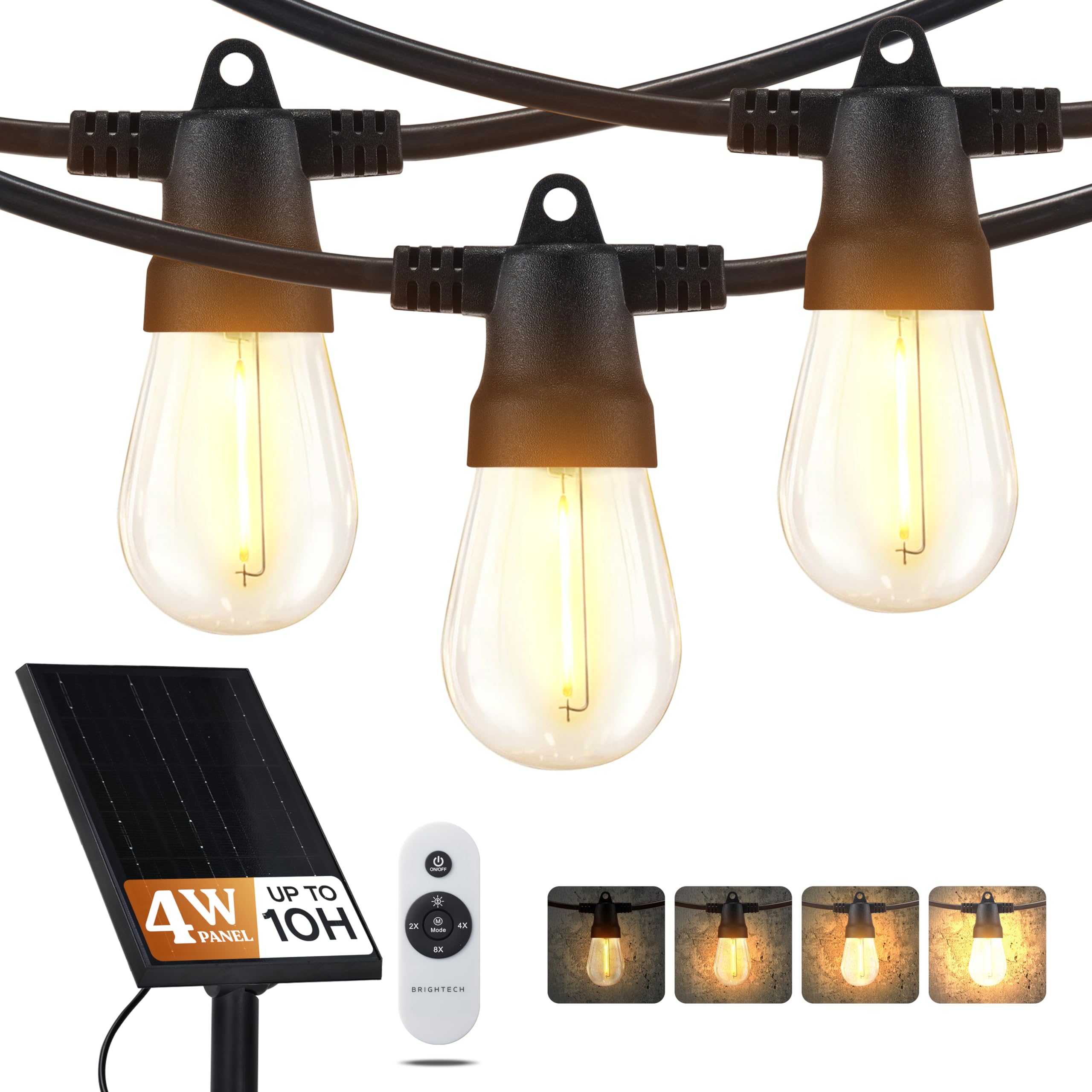 Brightech Ambience Pro Solar Super Bright - 27Ft Remote Control Outdoor String Lights with 12 S14 Shatterproof Bulbs, Commercial Grade LED, Waterproof Patio Lights, 4W Soft White for Patios, Gardens