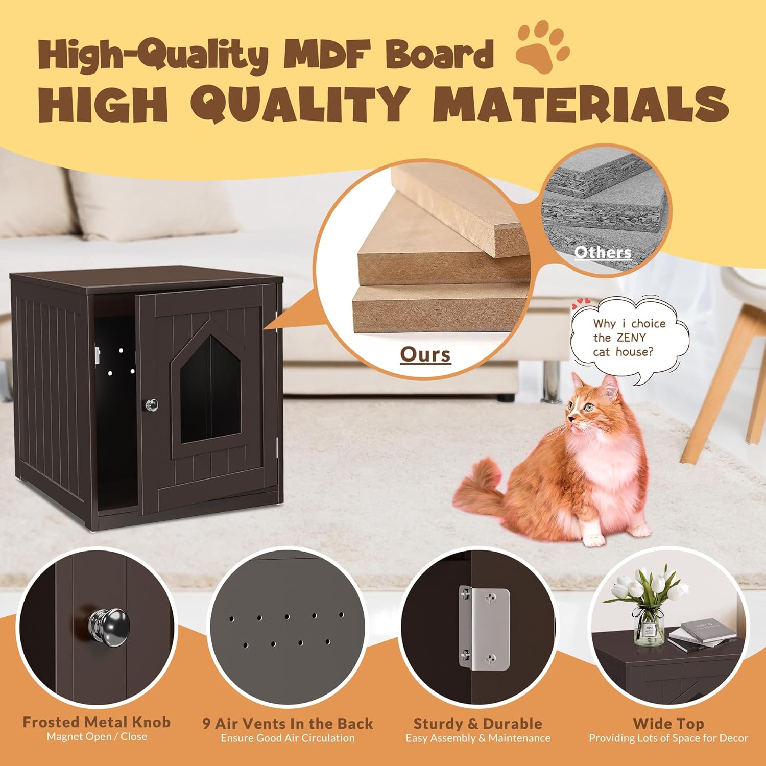 ZENY Cat Litter Box Furniture Hidden, Enclosed Cat Litter Box with Vent Holes, Indoor Cat Box Cabinet, Wooden Cat Washroom, End Table, Nightstand (Brown)