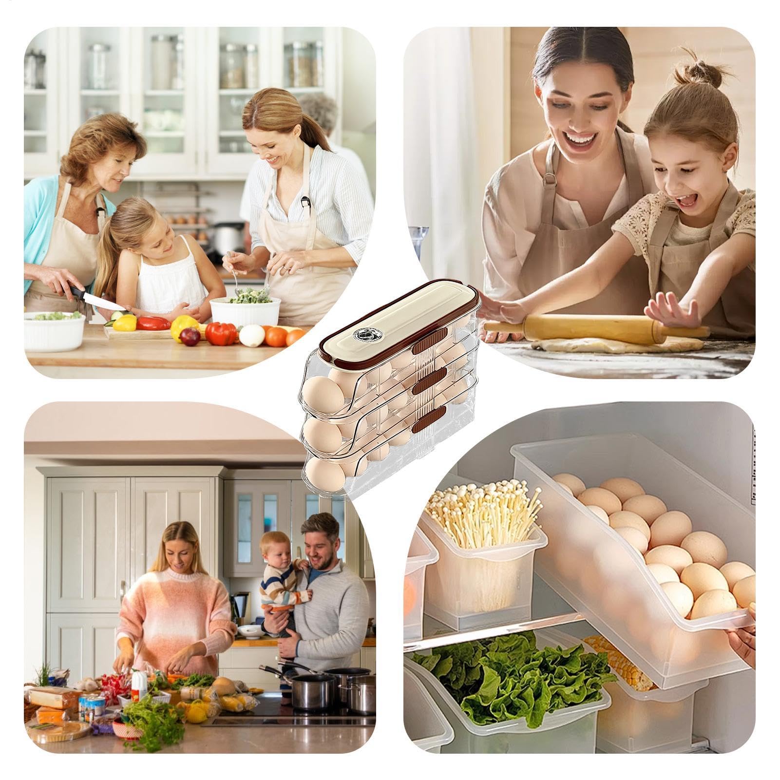 Dispensador de huevos apilable, caja de almacenamiento de huevos | Soporte automático para huevos de nevera con ruedas,Dispensador automático de huevos con tapa enrollable, para organización y almacen