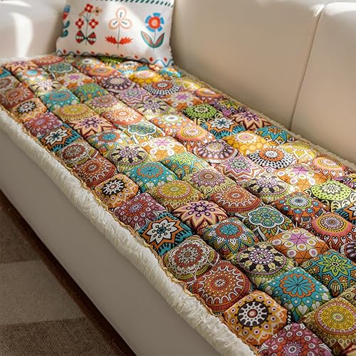 Miniatura 8 de Funda protectora de algodón mágica y divertida para sofá, jardín o como tapete para mascotas, estampado de cuadros grandes color crema, naranja