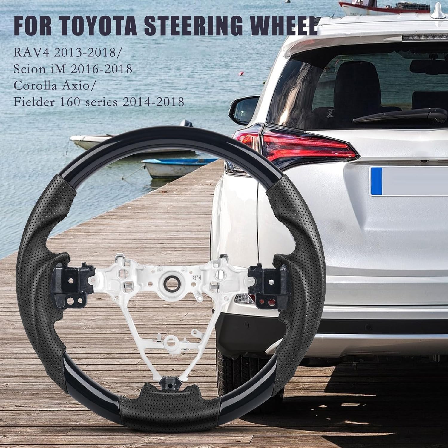 Piano Black Steering Wheel for Toyota RAV4 2013-2018, Corolla 2014-2019, Scion iM 2016, Glossy Black Finish, Perforated Leather Grip, OEM Style Round Interior Replacement