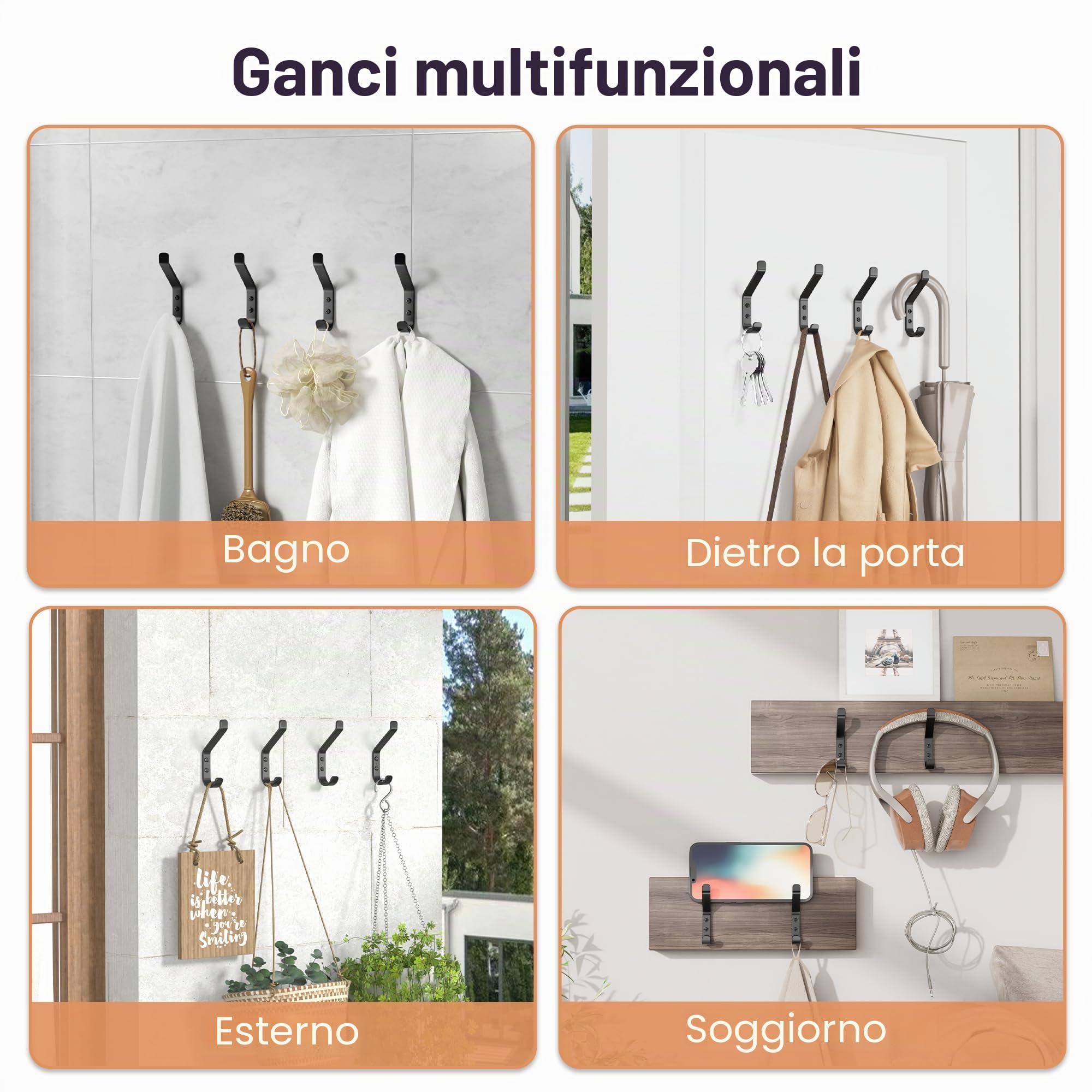 susswiff Ganci appendiabiti da 10 pezzi, appendiabiti a vite, ganci per pannelli acustici, camera da letto, soggiorno, bagno, ganci da parete per guardaroba, giacche, cappelli, metallo, nero, 10 cm