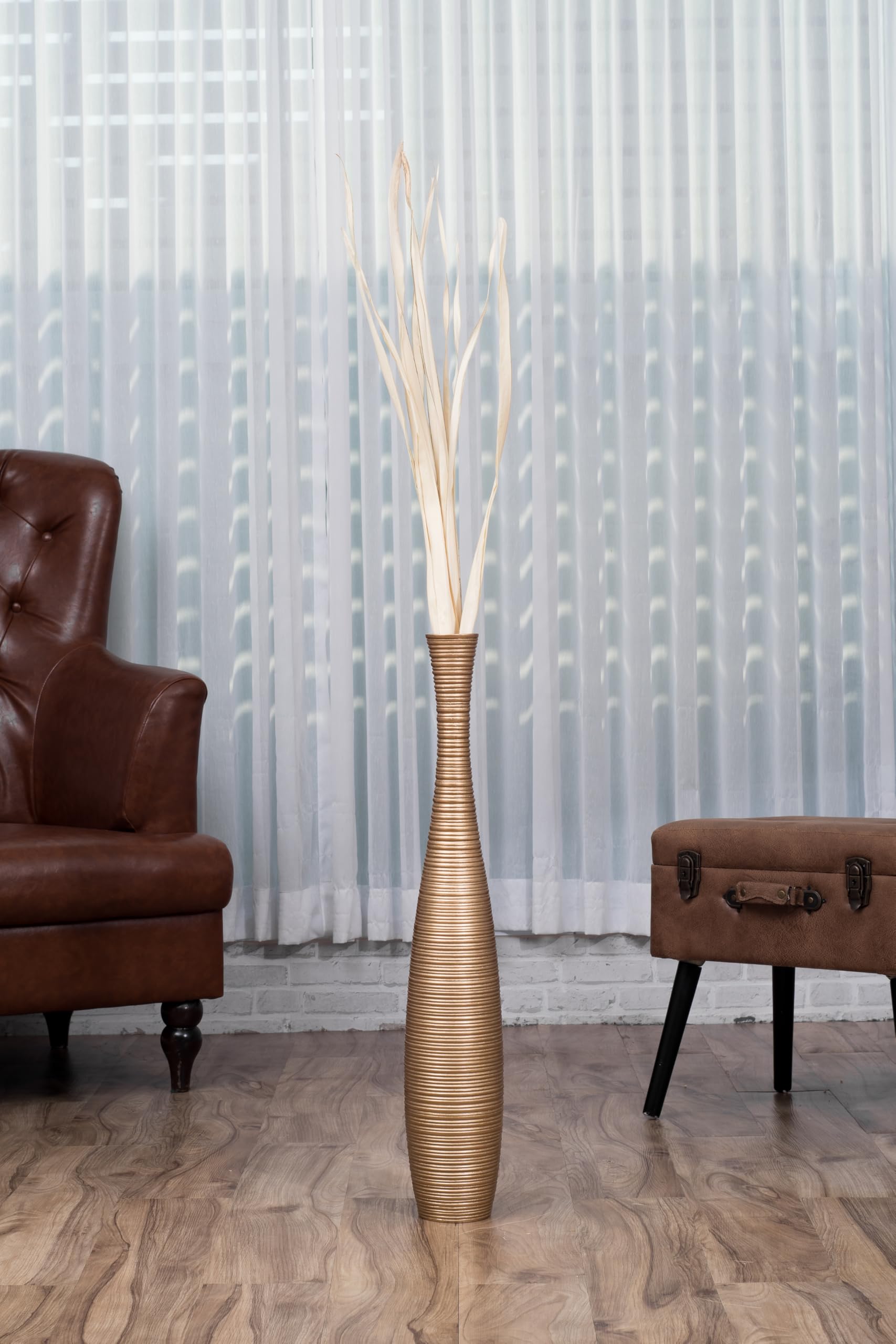 Leewadee Vaso da Terra Grande Alto 65 cm - Vaso Oro Legno di Mango Fatto a Mano da Interno Erbe della Pampa
